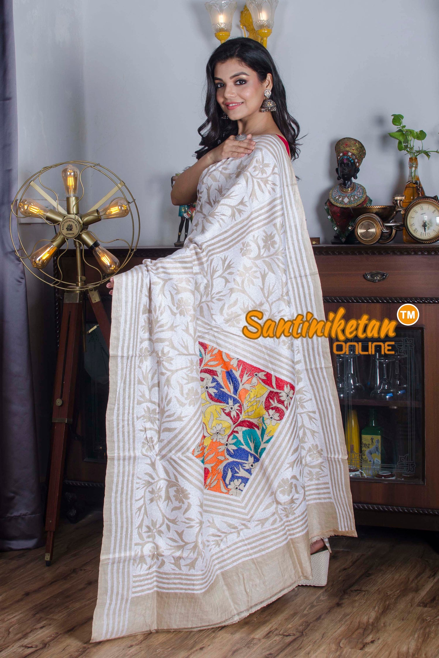 Beige Color Gachi Tussar with White Color Thread Revers Kantha Work Saree