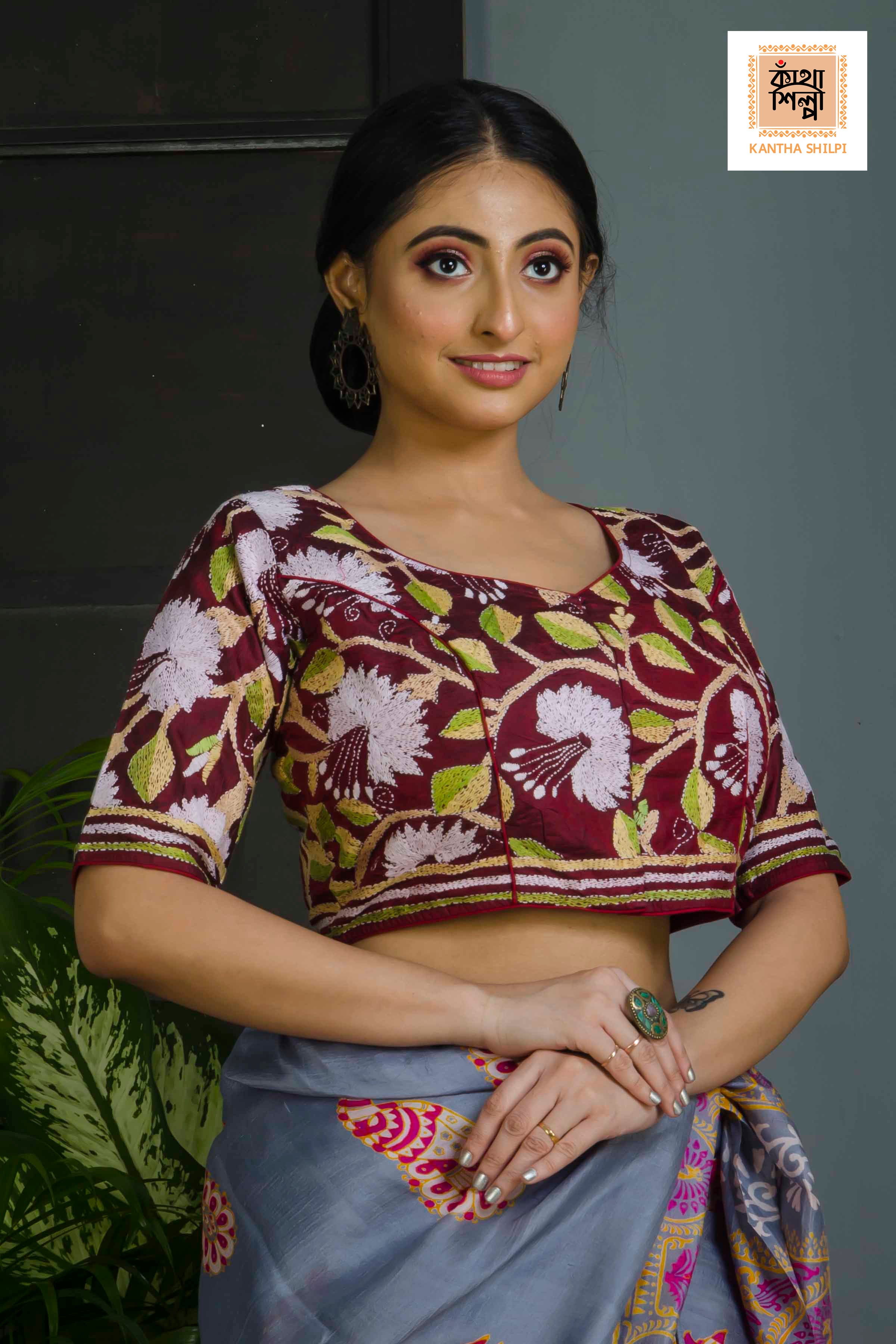 Pure Bangalore Silk Kantha Stitch Glass Sleeves Blouse