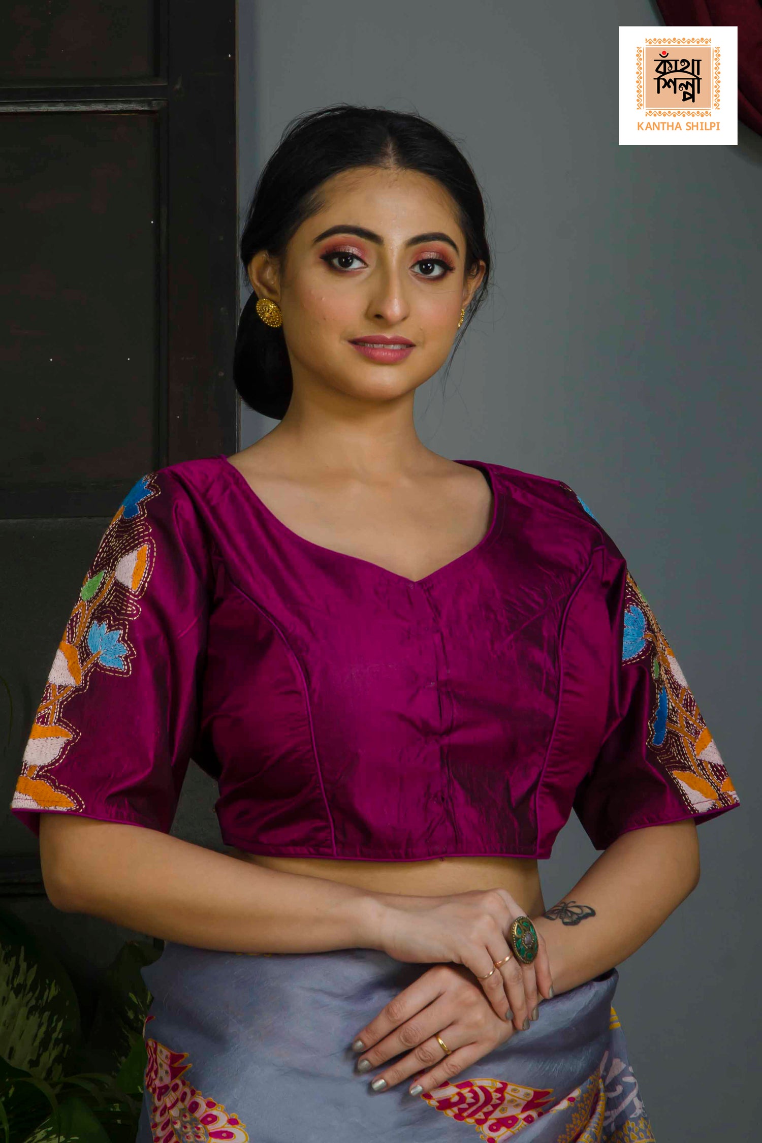 Pure Bangalore Silk Kantha Stitch Glass Sleeves Blouse