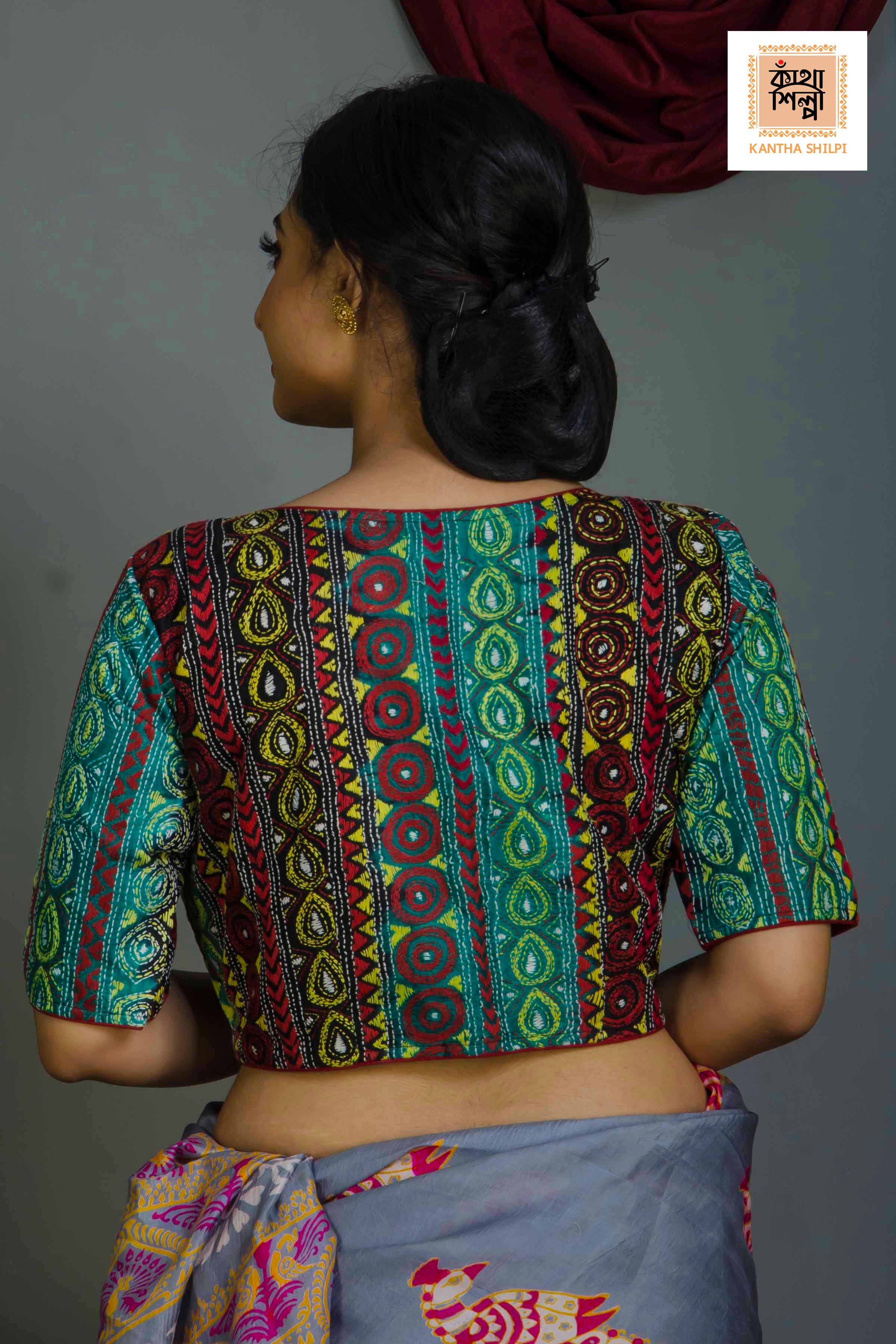 Pure Bangalore Silk Kantha Stitch Glass Sleeves Blouse