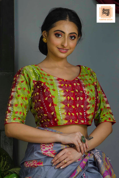 Pure Bangalore Silk Kantha Stitch Glass Sleeves Blouse