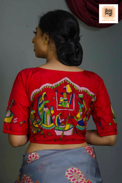 Pure Bangalore Silk Kantha Stitch Glass Sleeves Blouse