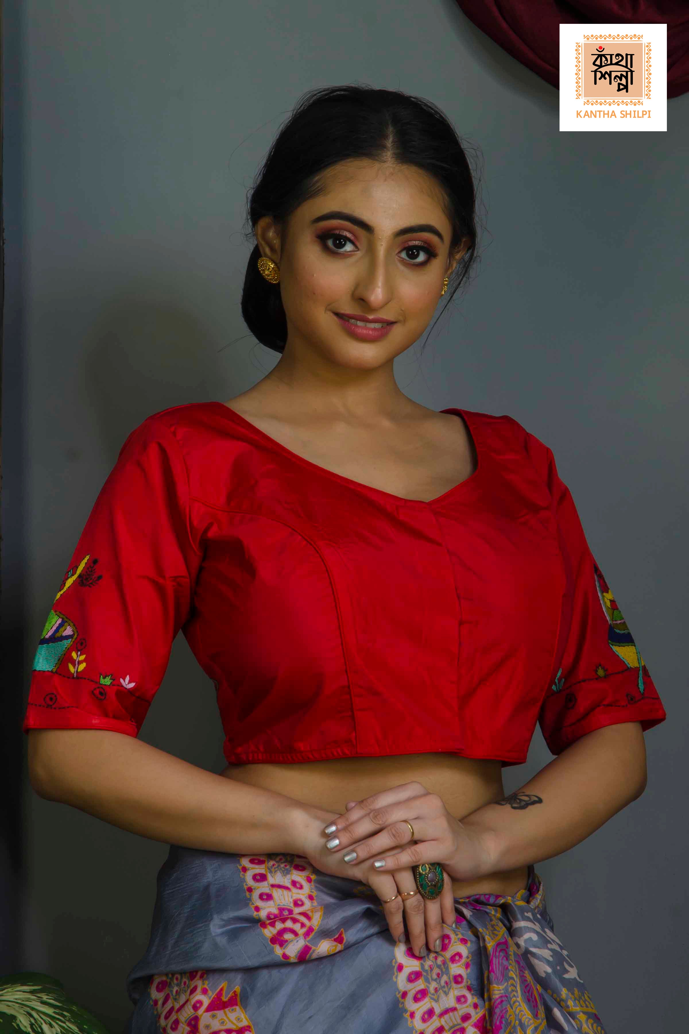 Pure Bangalore Silk Kantha Stitch Glass Sleeves Blouse