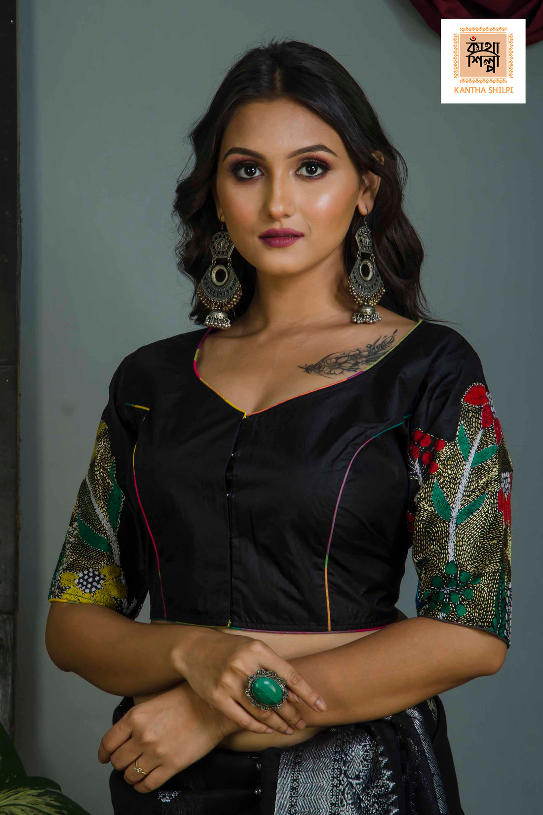 Pure Bangalore Silk Kantha Stitch Glass Sleeves Blouse