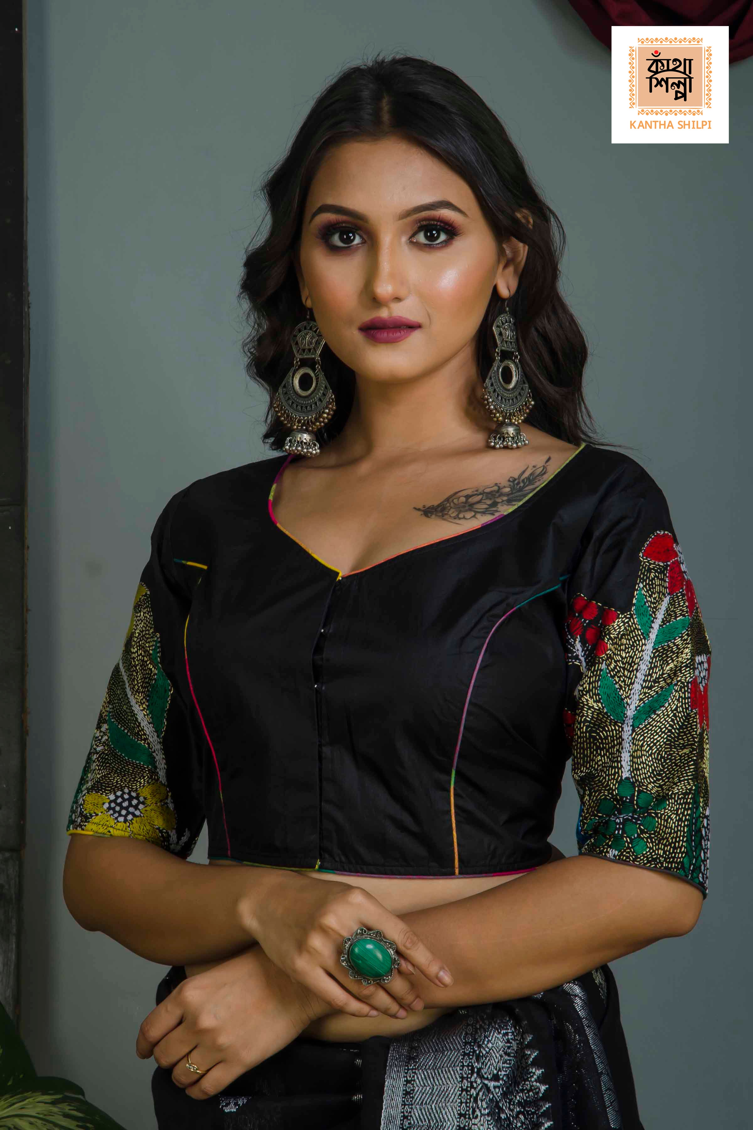 Pure Bangalore Silk Kantha Stitch Glass Sleeves Blouse