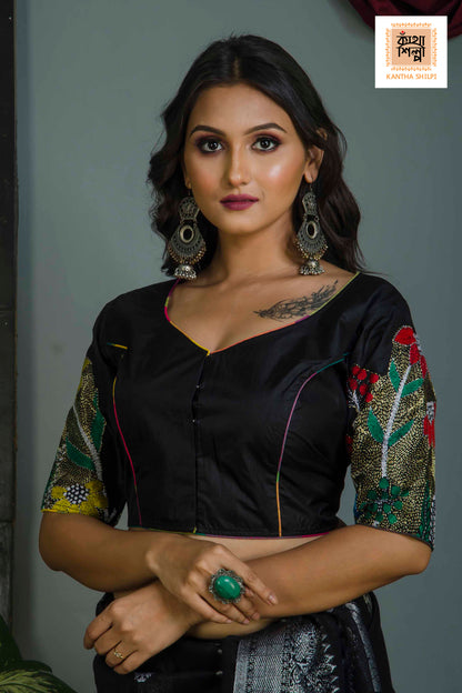 Pure Bangalore Silk Kantha Stitch Glass Sleeves Blouse