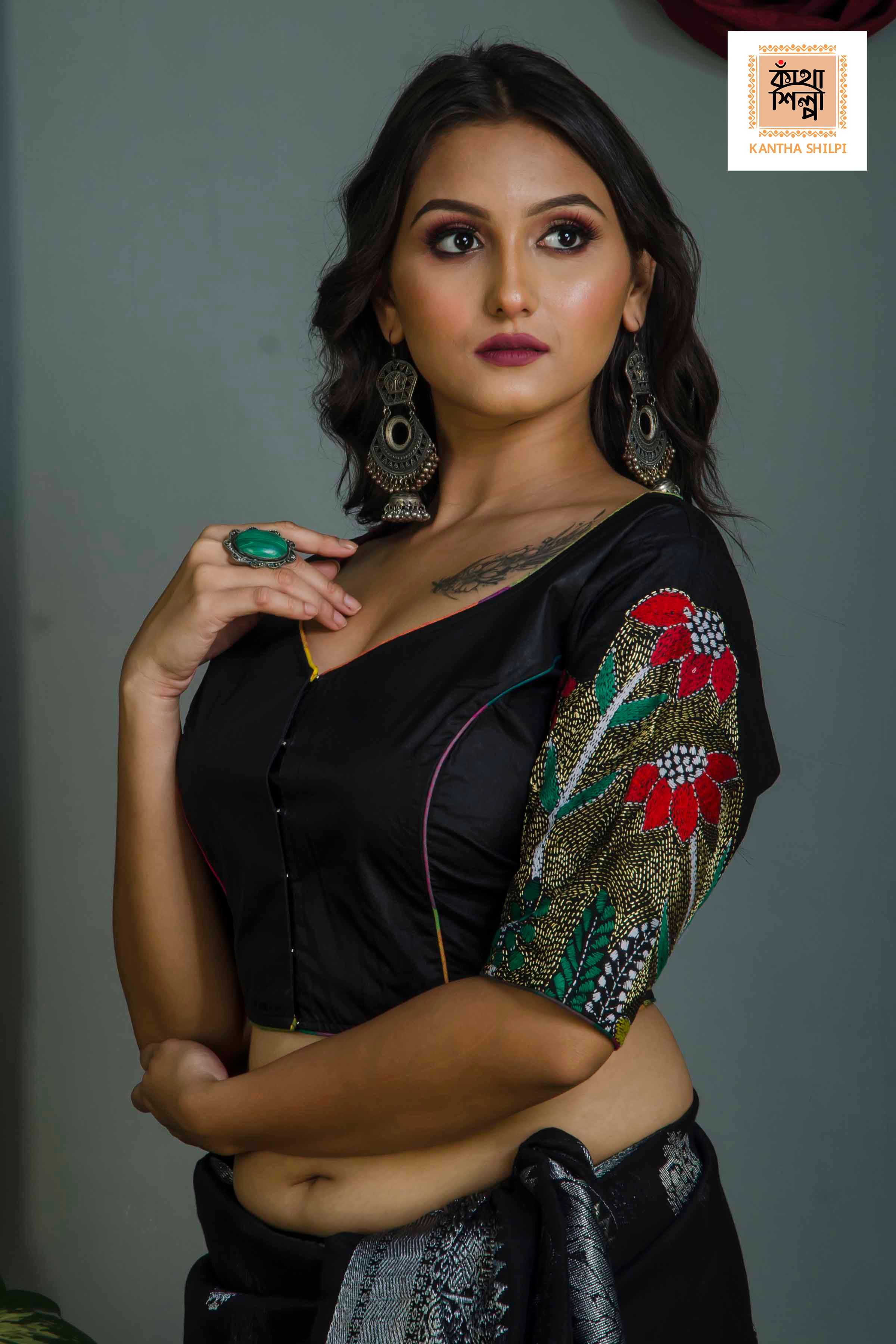 Pure Bangalore Silk Kantha Stitch Glass Sleeves Blouse