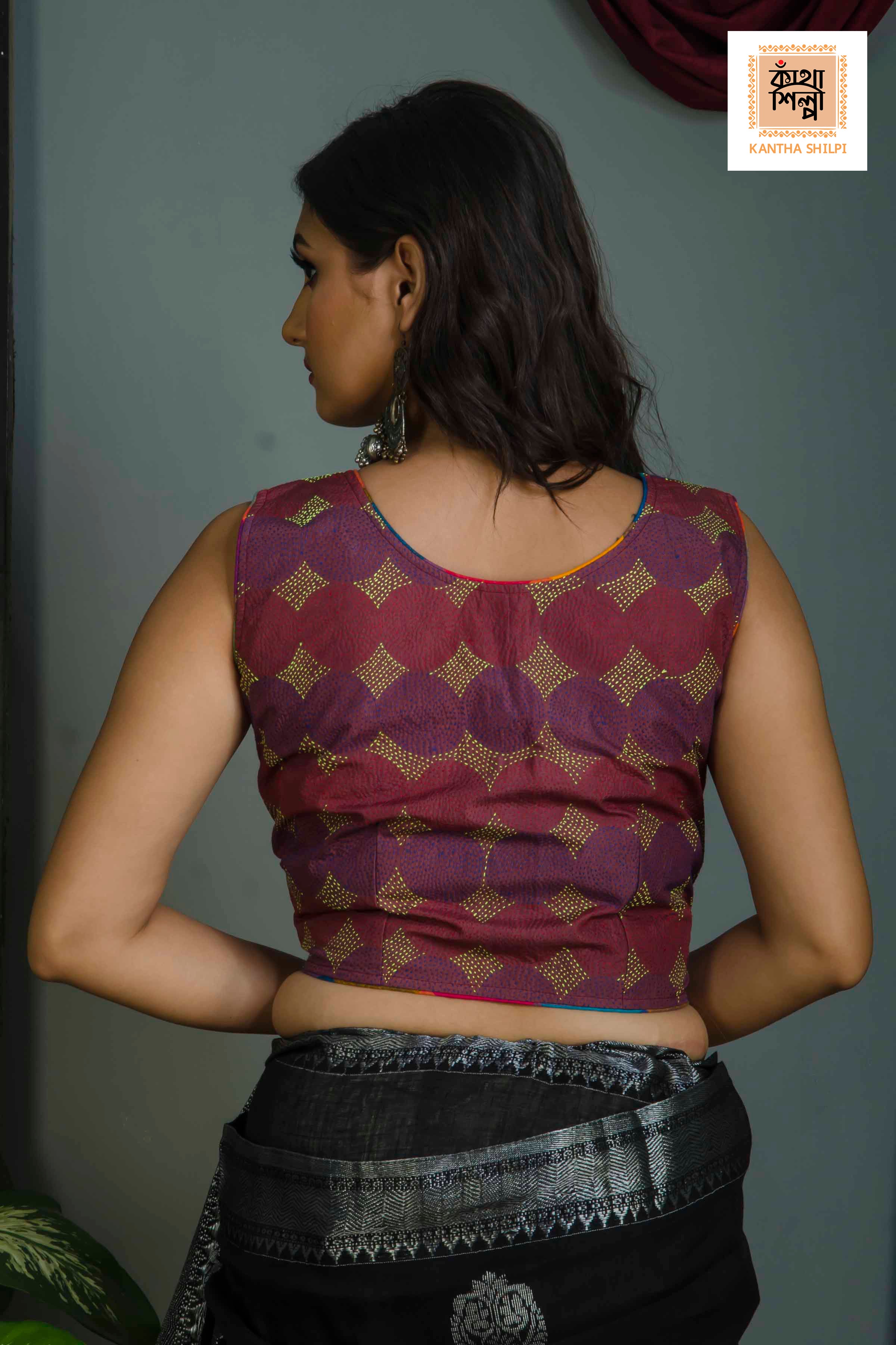 Pure Bangalore Silk Kantha Stitch Sleeveless Blouse