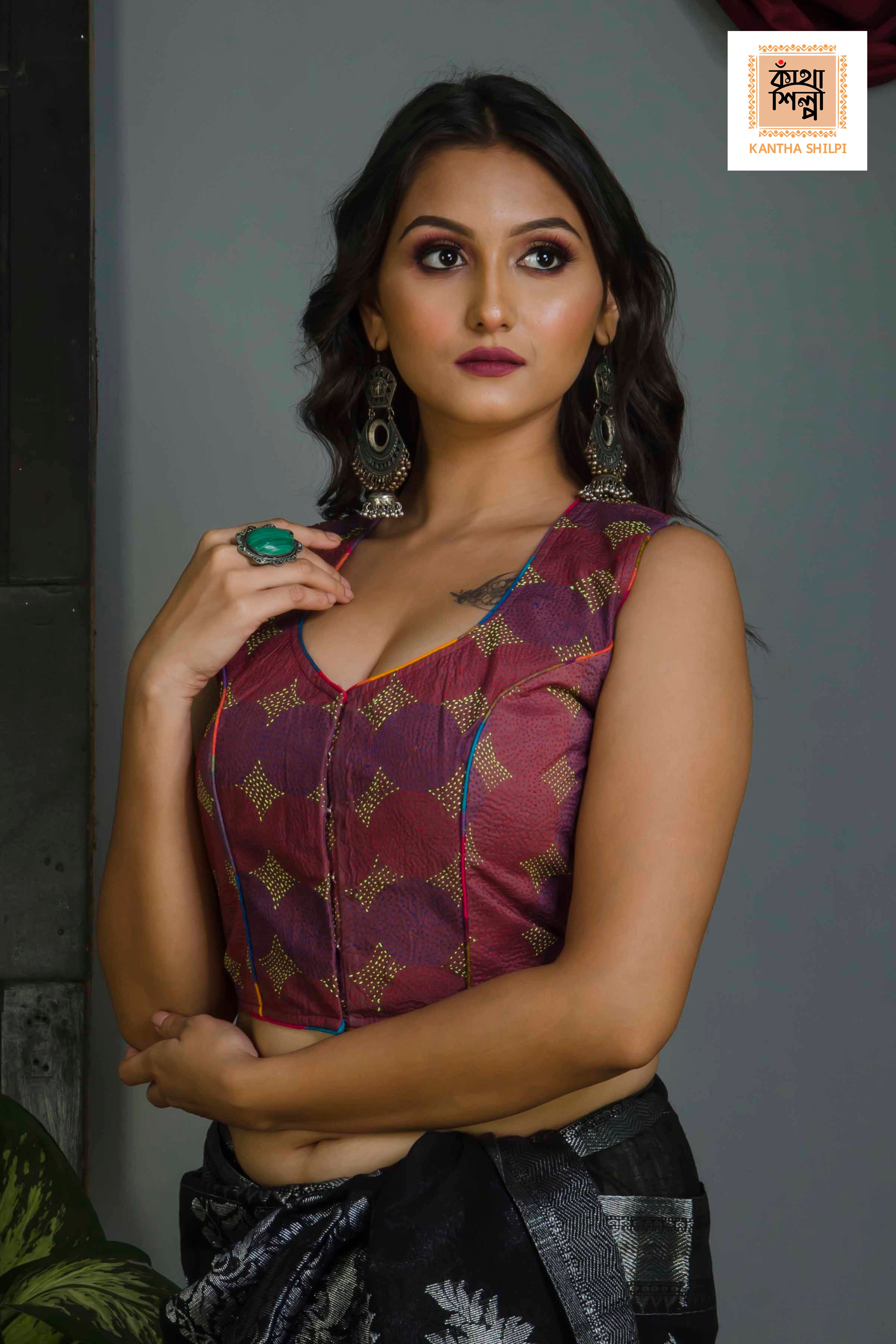 Pure Bangalore Silk Kantha Stitch Sleeveless Blouse