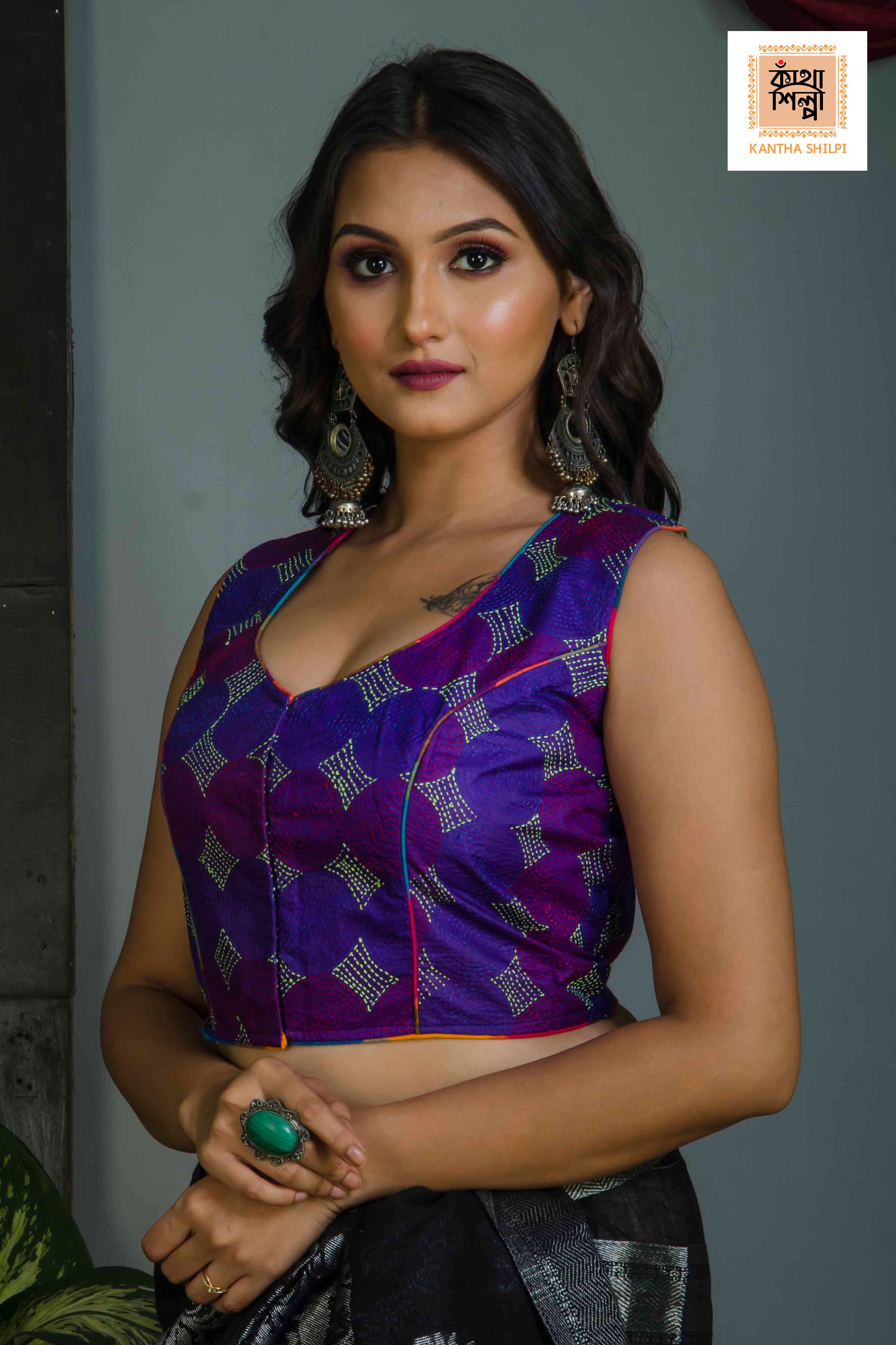 Pure Bangalore Silk Kantha Stitch Sleeveless Blouse