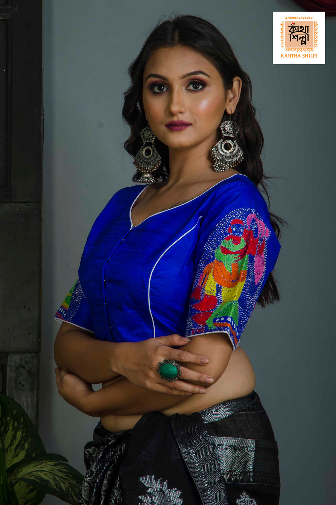 Pure Bangalore Silk Kantha Stitch Glass Sleeves Blouse