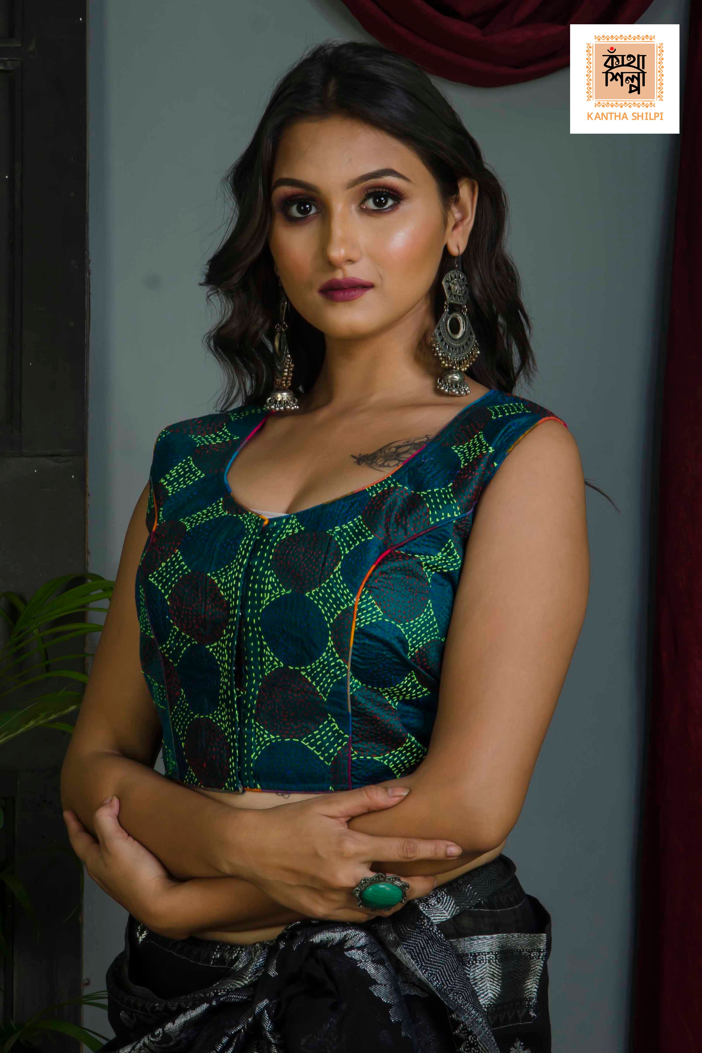 Pure Bangalore Silk Kantha Stitch Sleeveless Blouse
