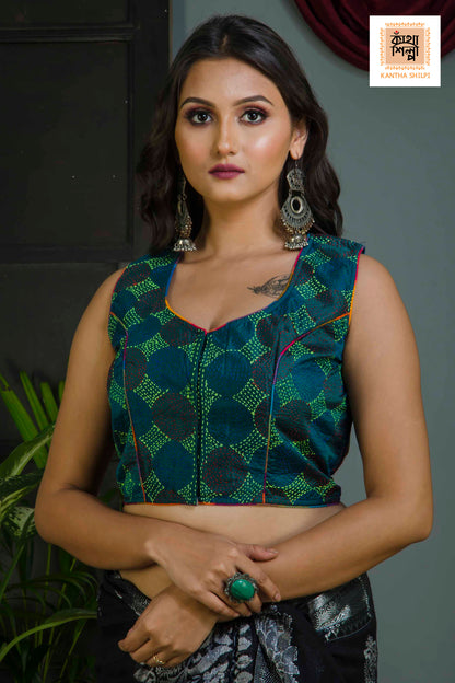Pure Bangalore Silk Kantha Stitch Sleeveless Blouse