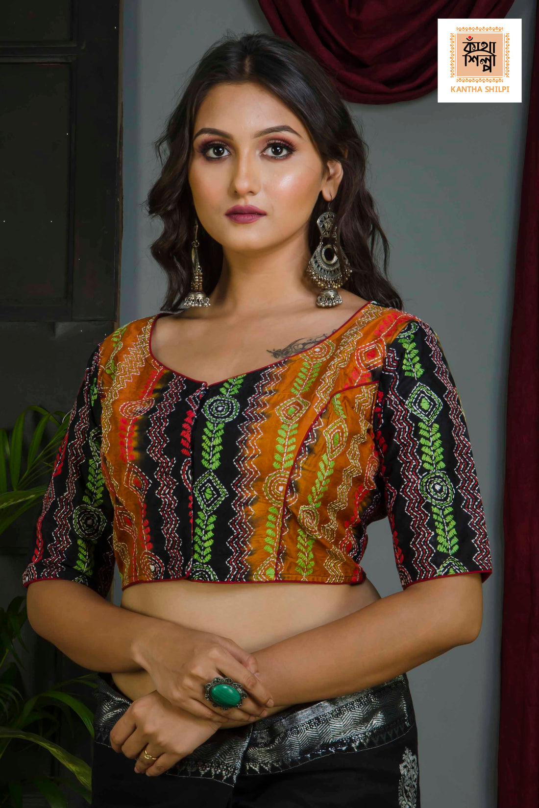 Pure Bangalore Silk Kantha Stitch Glass Sleeves Blouse