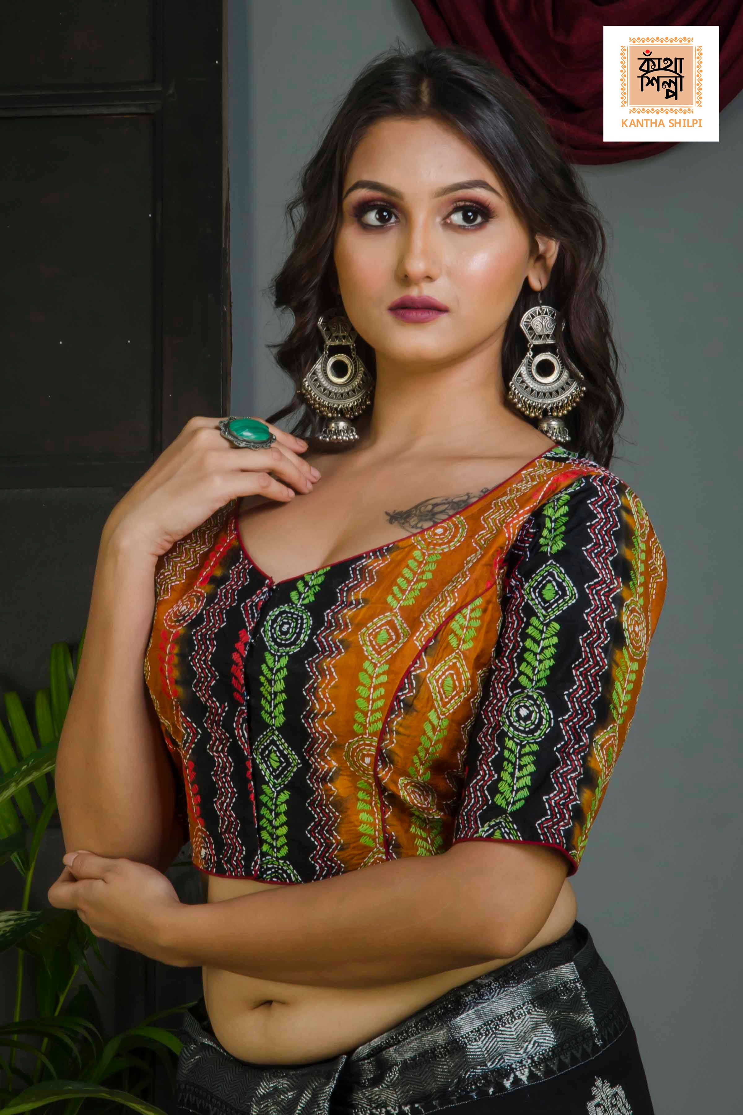 Pure Bangalore Silk Kantha Stitch Glass Sleeves Blouse