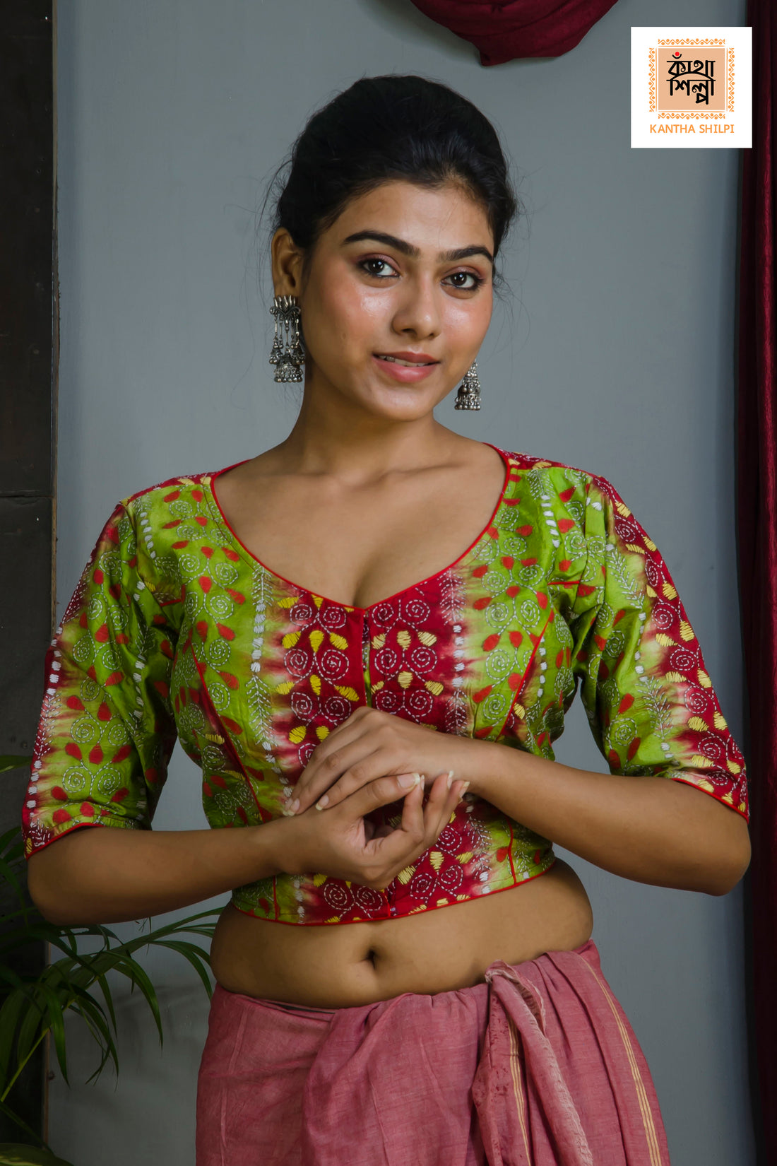 Pure Bangalore Silk Kantha Stitch Glass Sleeves Blouse