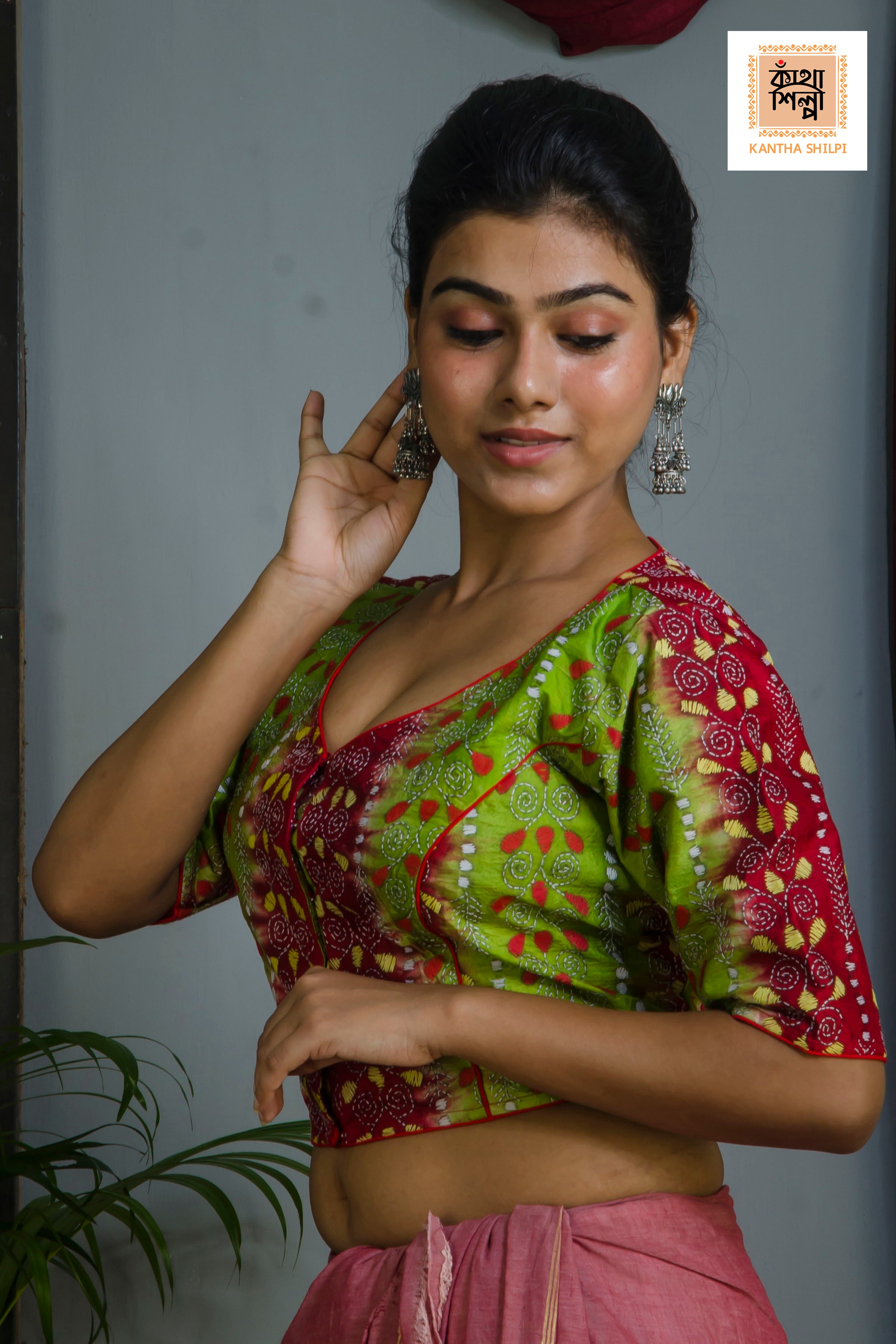 Pure Bangalore Silk Kantha Stitch Glass Sleeves Blouse