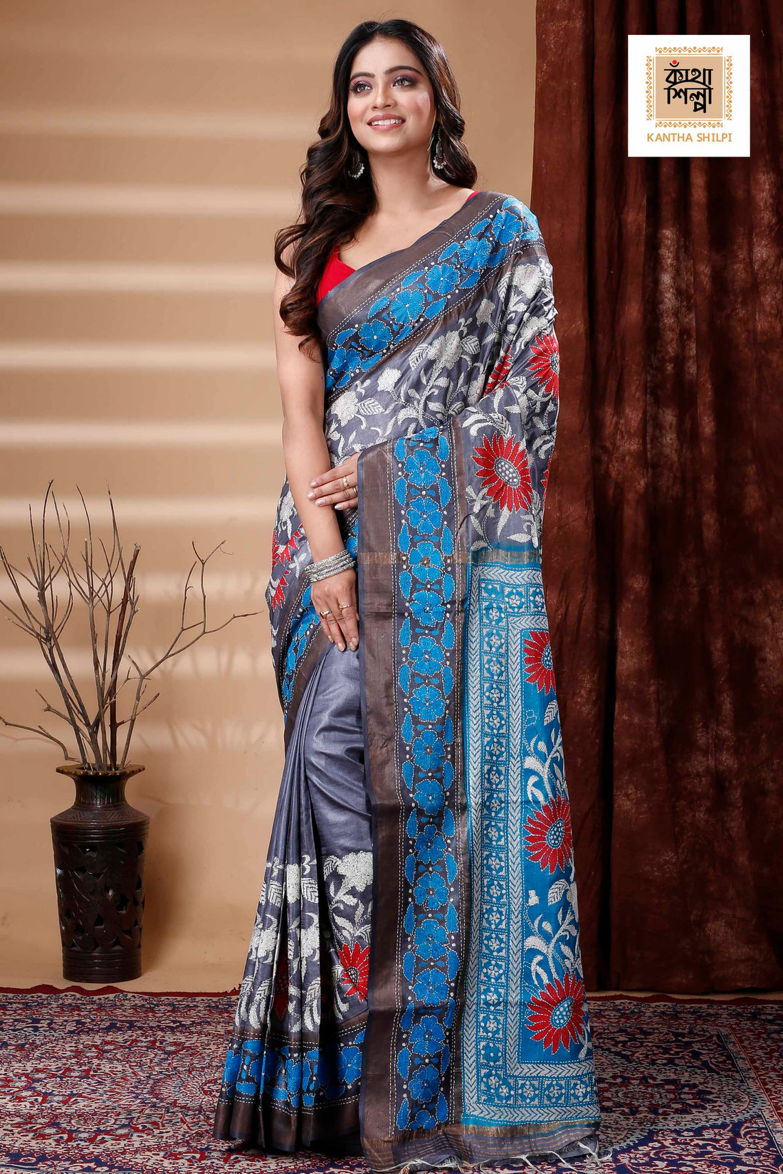 Zori Border Pure Tussar Dye Tussar Kantha Stitch Saree