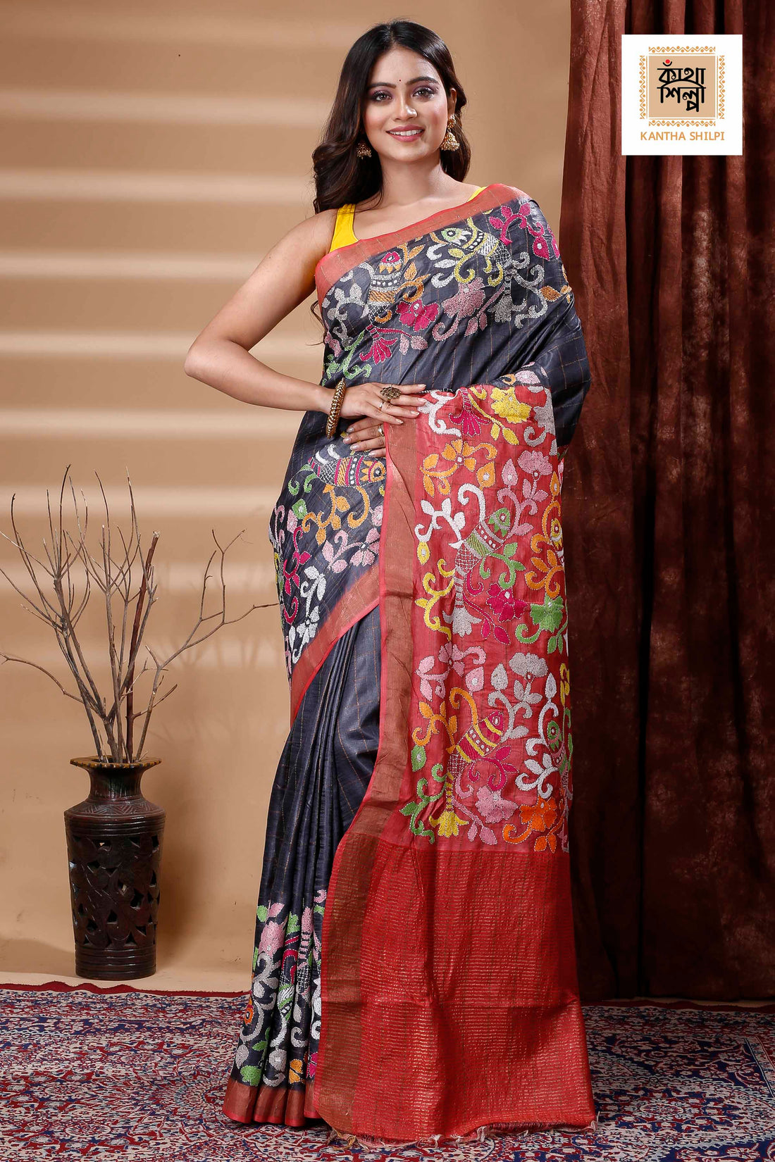 Zori Border and Checks Pure Dye Tussar Kantha Stitch Saree