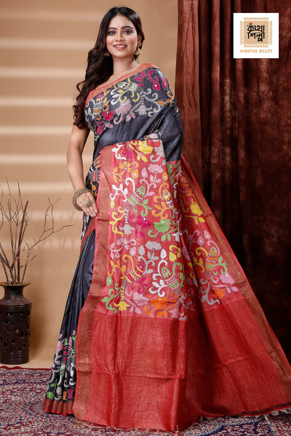 Zori Border and Checks Pure Dye Tussar Kantha Stitch Saree