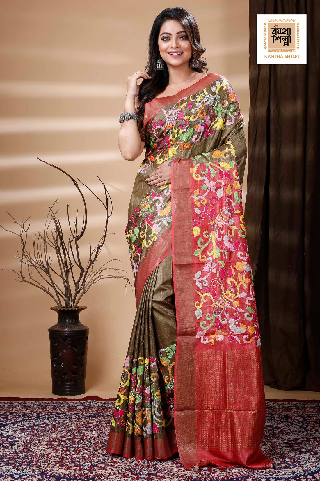 Zori Border and Checks Pure Dye Tussar Kantha Stitch Saree