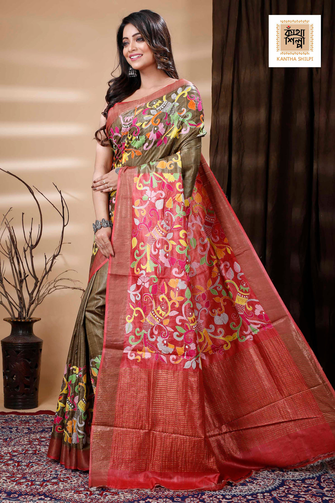 Zori Border and Checks Pure Dye Tussar Kantha Stitch Saree