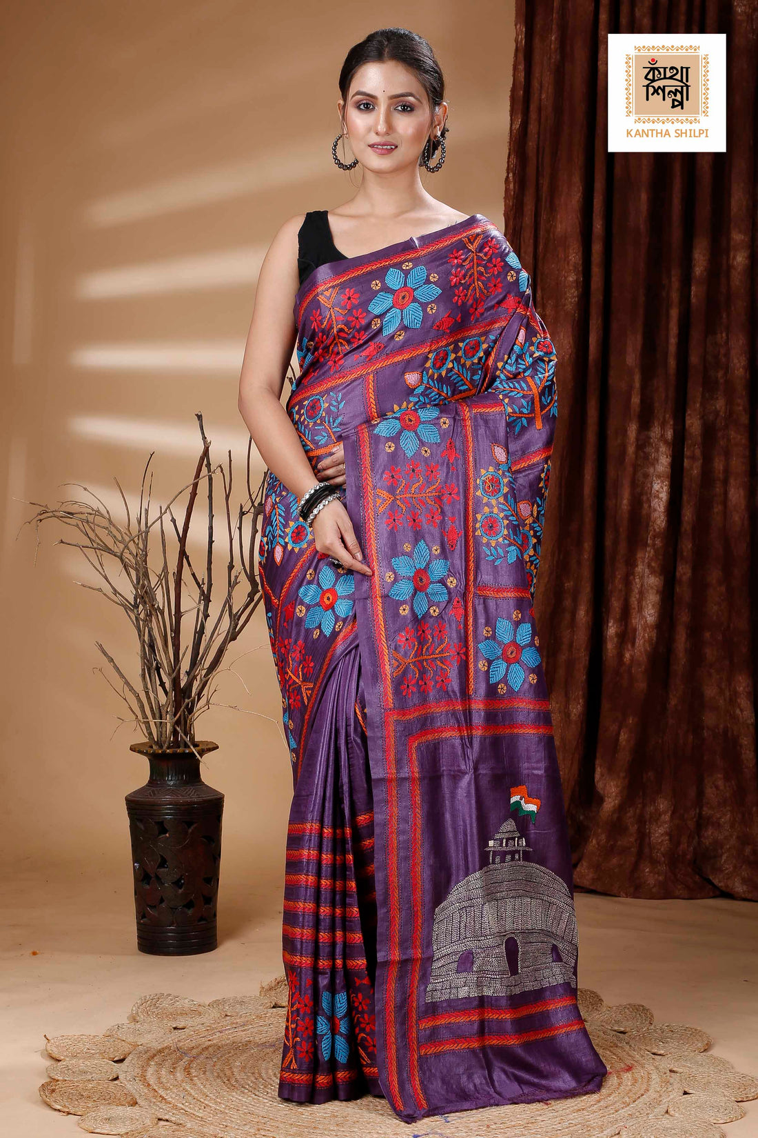 Purple Color Dye Tussar Multicolor Thread Work Kantha Stitch Saree