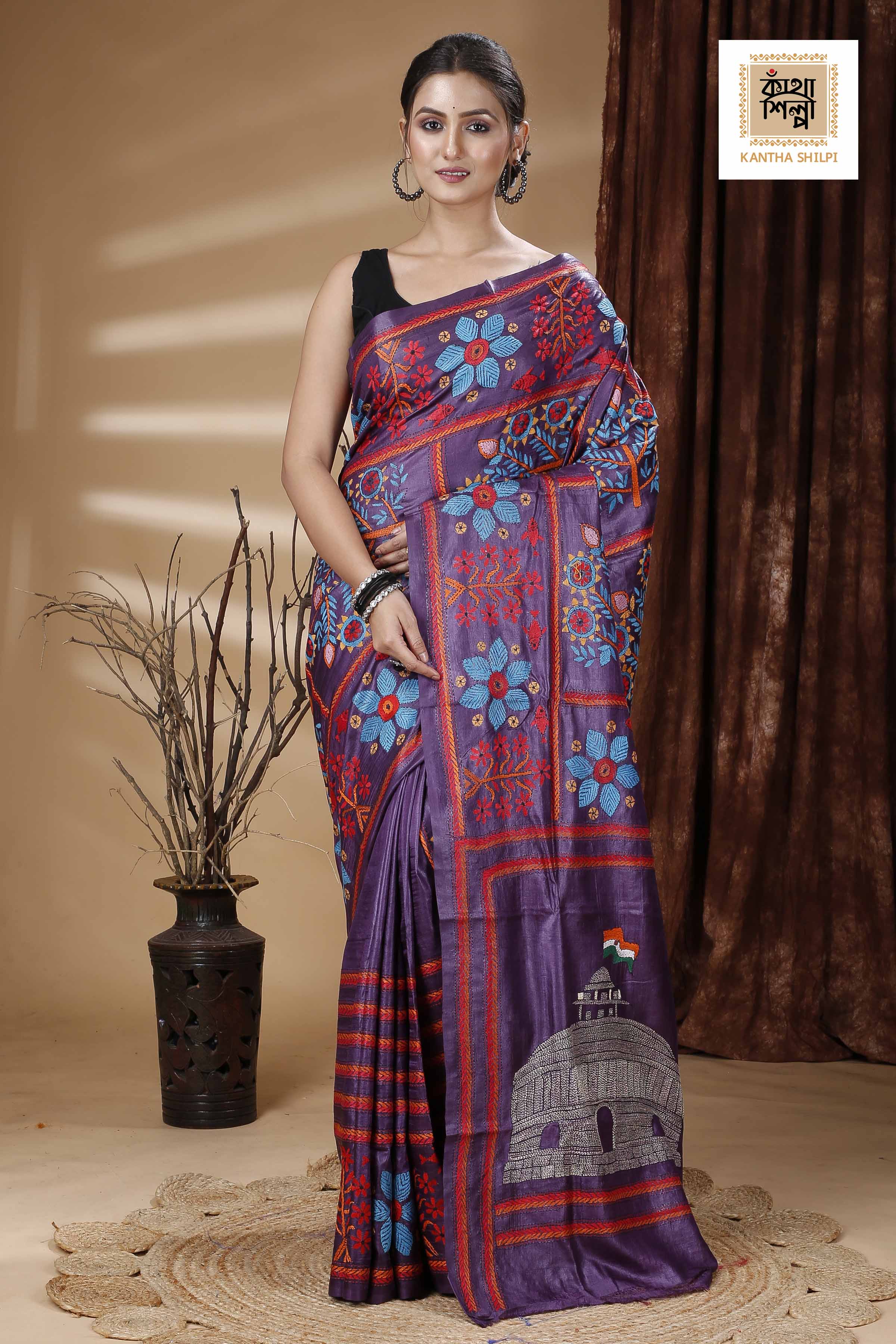 Purple Color Dye Tussar Multicolor Thread Work Kantha Stitch Saree