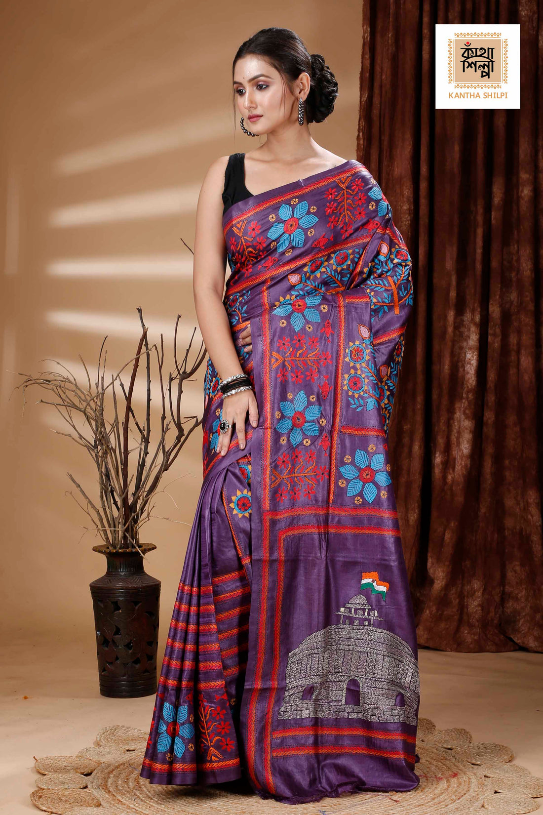 Purple Color Dye Tussar Multicolor Thread Work Kantha Stitch Saree