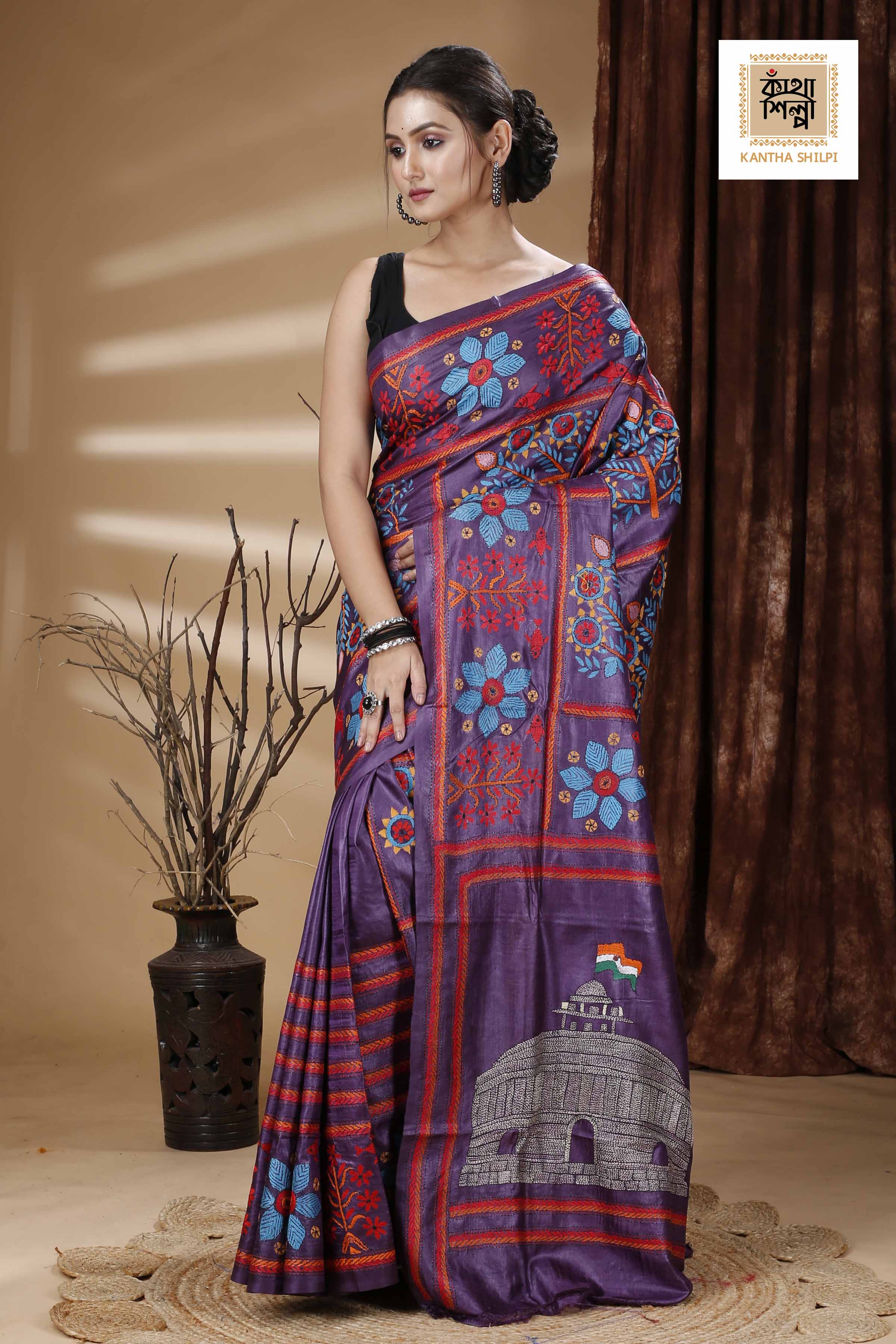 Purple Color Dye Tussar Multicolor Thread Work Kantha Stitch Saree