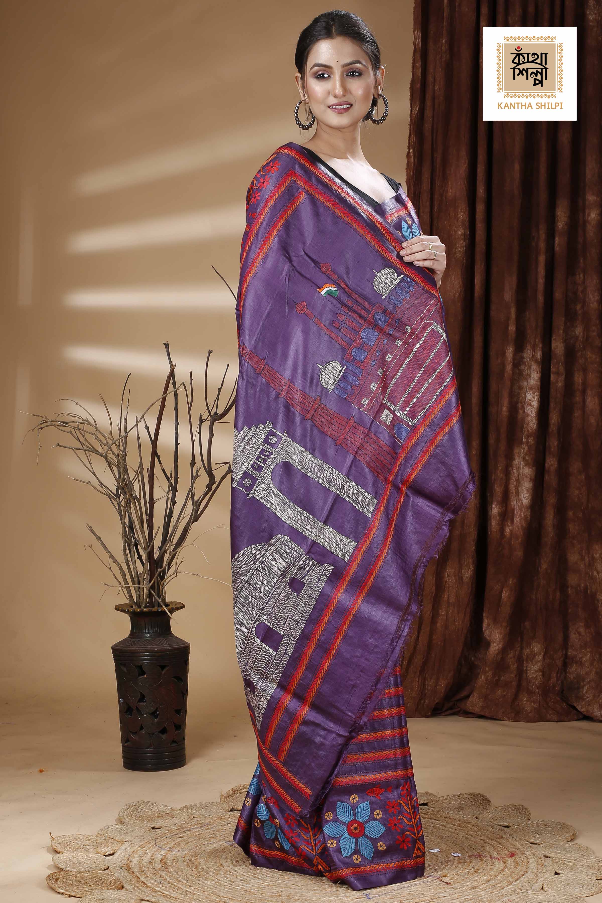 Purple Color Dye Tussar Multicolor Thread Work Kantha Stitch Saree