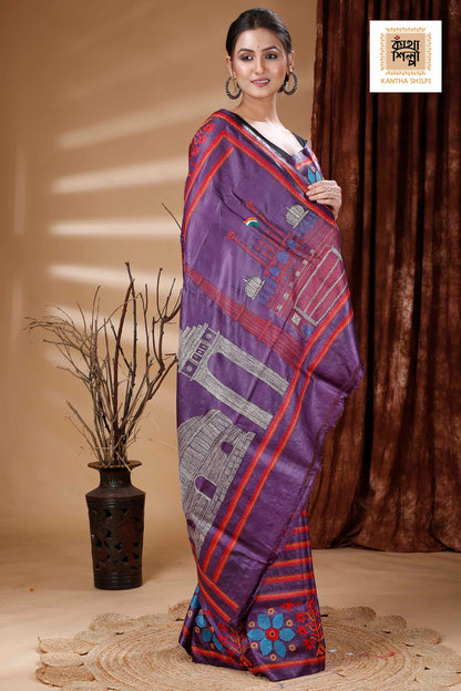 Purple Color Dye Tussar Multicolor Thread Work Kantha Stitch Saree