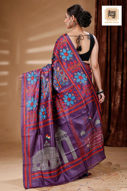 Purple Color Dye Tussar Multicolor Thread Work Kantha Stitch Saree