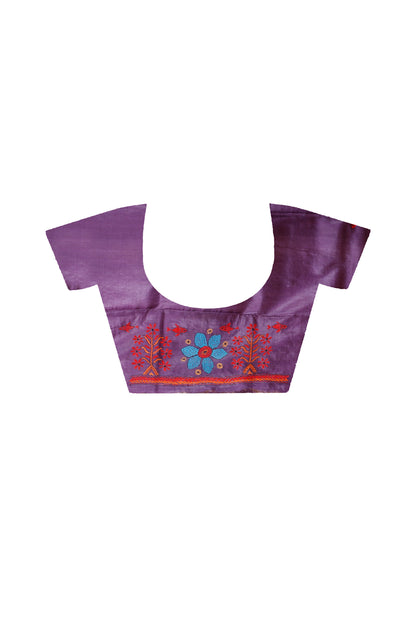 Purple Color Dye Tussar Multicolor Thread Work Kantha Stitch Saree