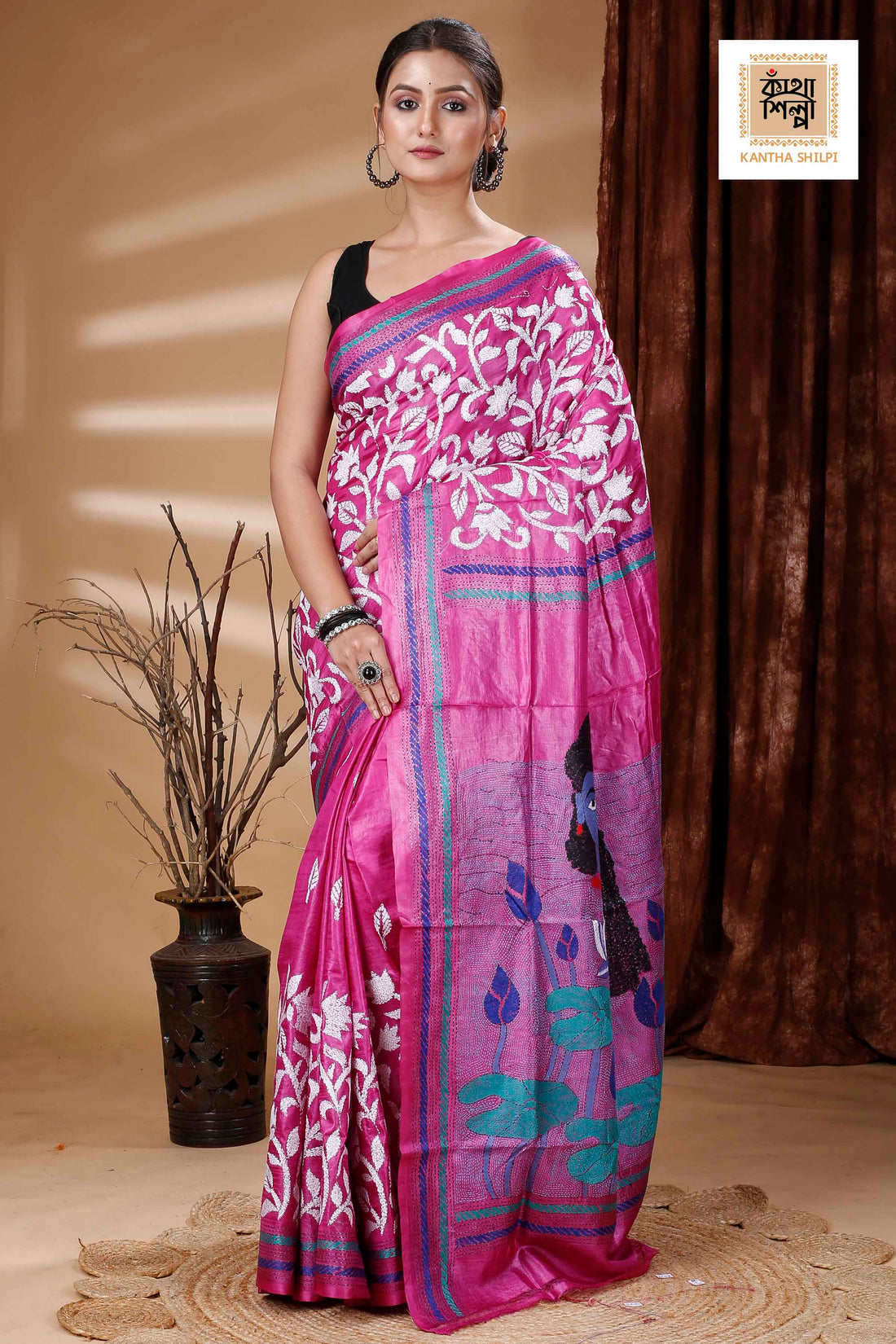 Pink Color Dye Tussar Multicolor Thread Work Kantha Stitch Saree
