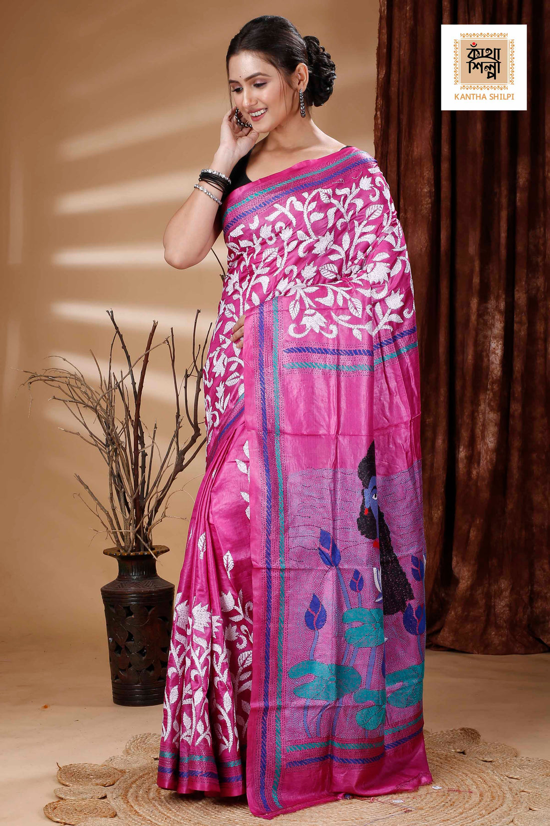 Pink Color Dye Tussar Multicolor Thread Work Kantha Stitch Saree