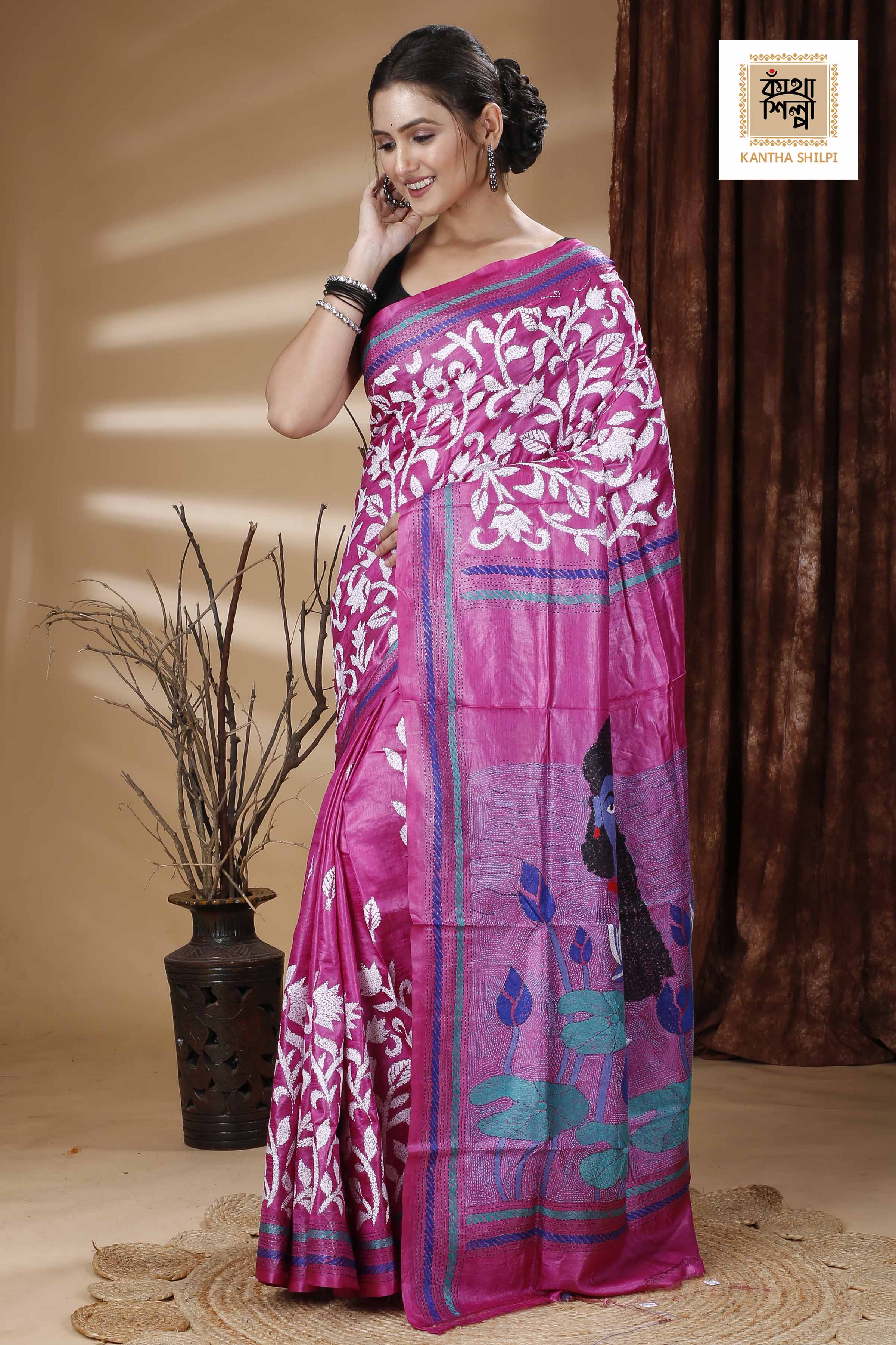 Pink Color Dye Tussar Multicolor Thread Work Kantha Stitch Saree