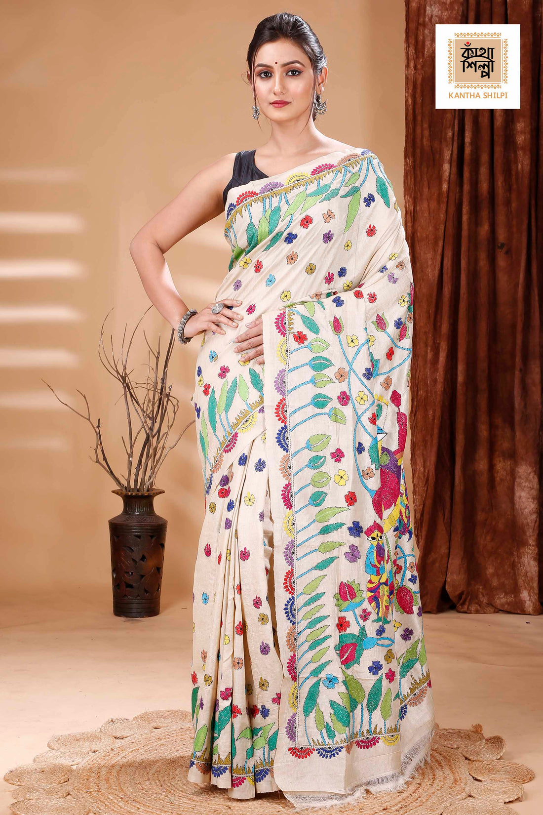 Gachi Tussar Multicolor Thread Work Maa Durga Theme Kantha Stitch Saree