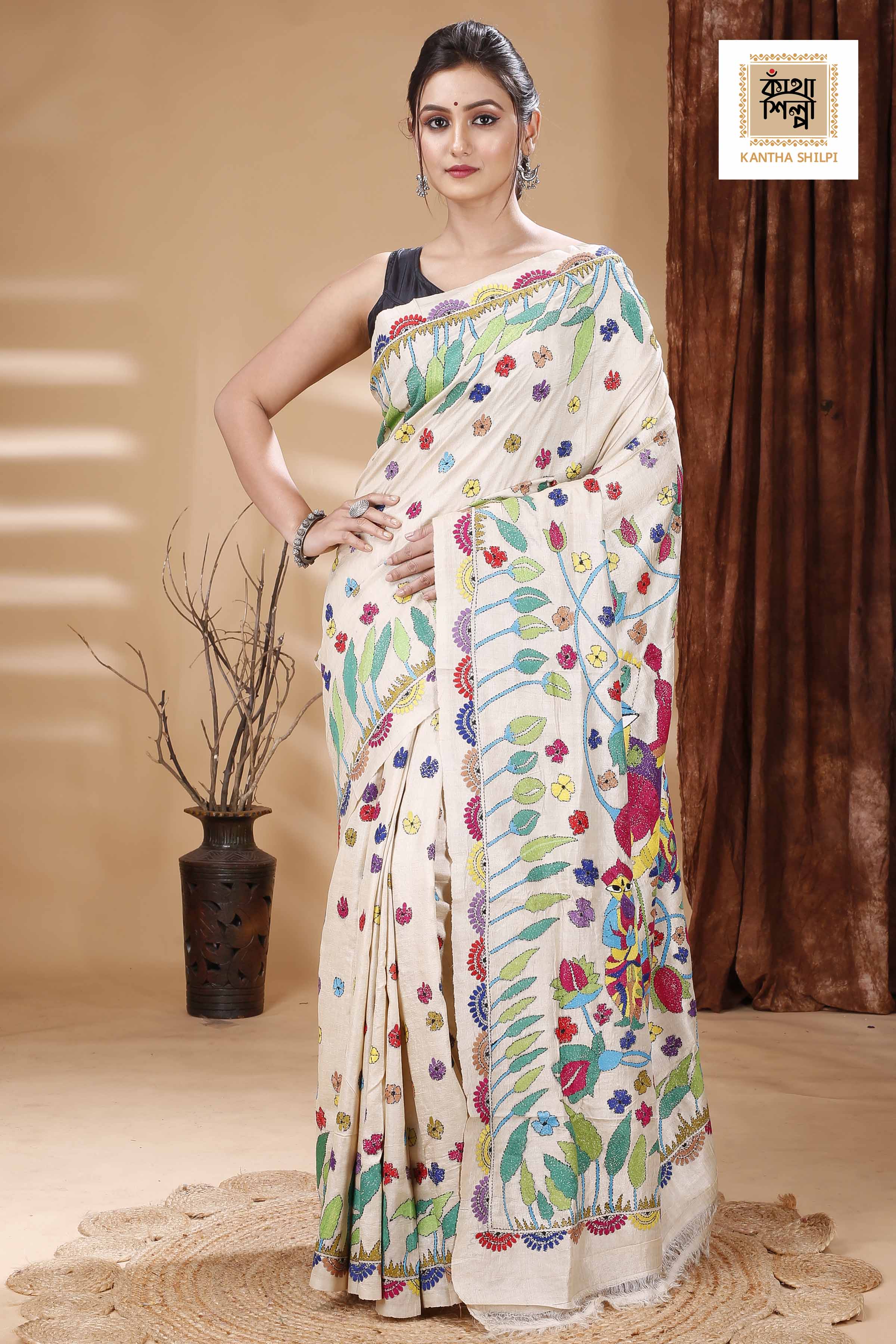 Gachi Tussar Multicolor Thread Work Maa Durga Theme Kantha Stitch Saree