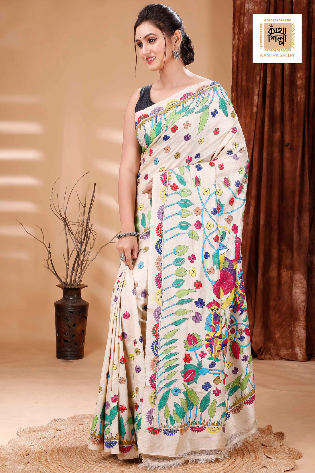 Gachi Tussar Multicolor Thread Work Maa Durga Theme Kantha Stitch Saree