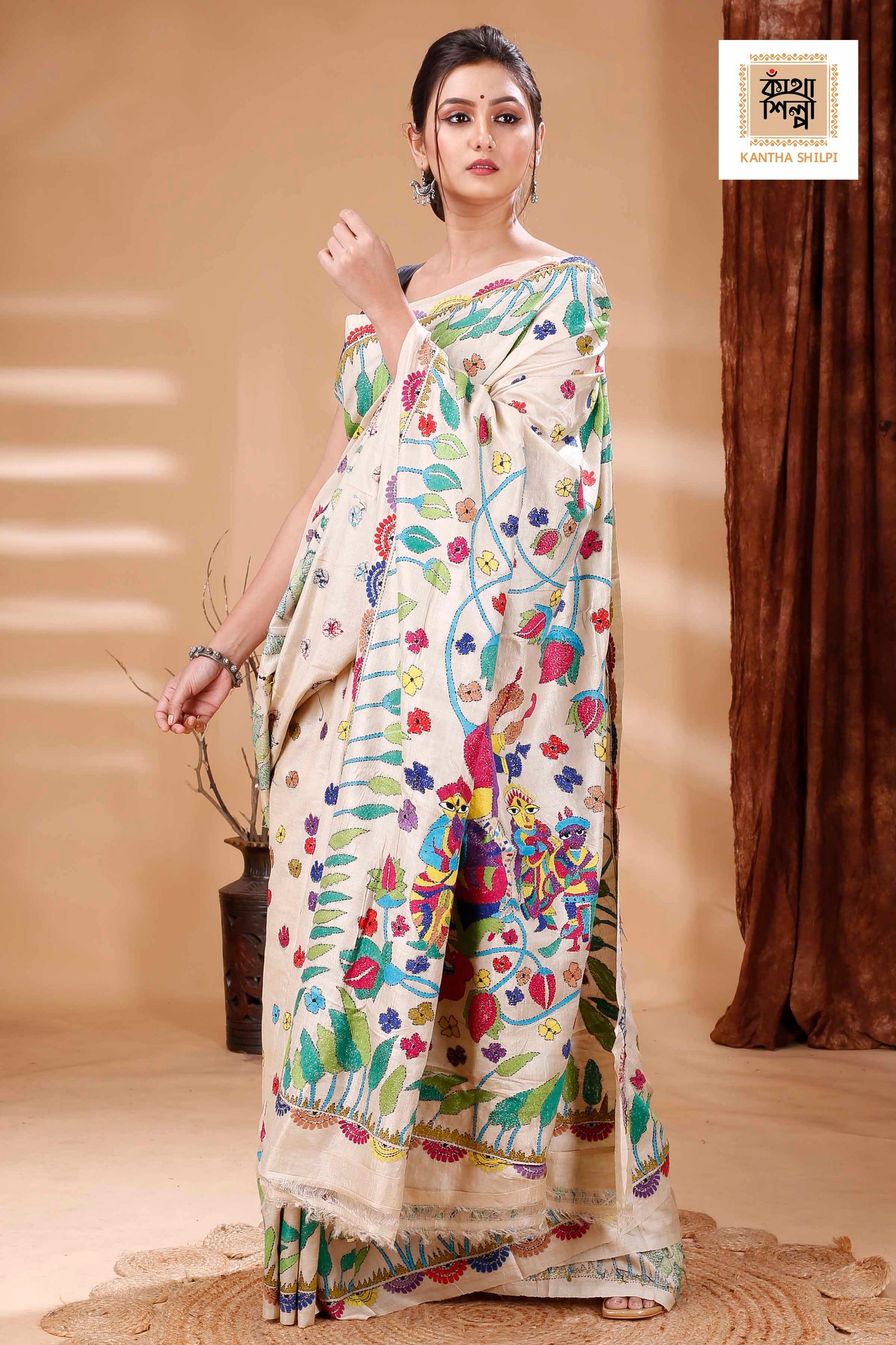 Gachi Tussar Multicolor Thread Work Maa Durga Theme Kantha Stitch Saree