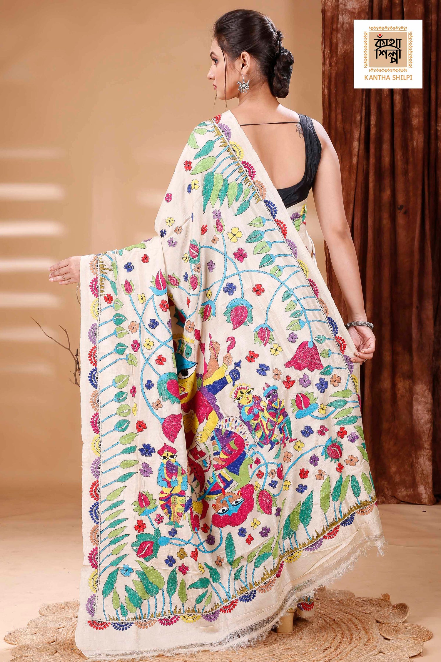 Gachi Tussar Multicolor Thread Work Maa Durga Theme Kantha Stitch Saree