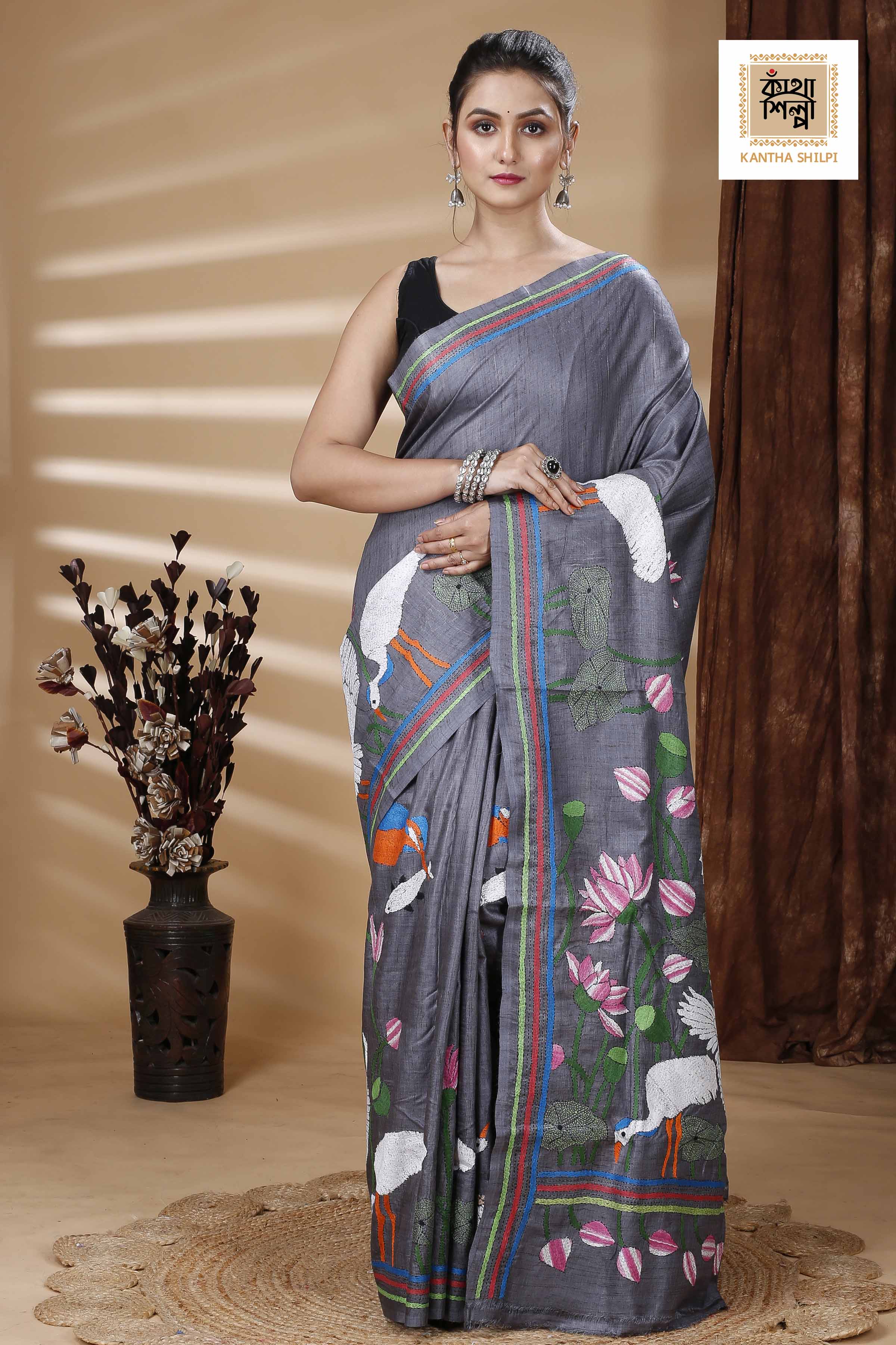 Dye Gachi Tussar Multicolor Thread Work Kantha Stitch Saree