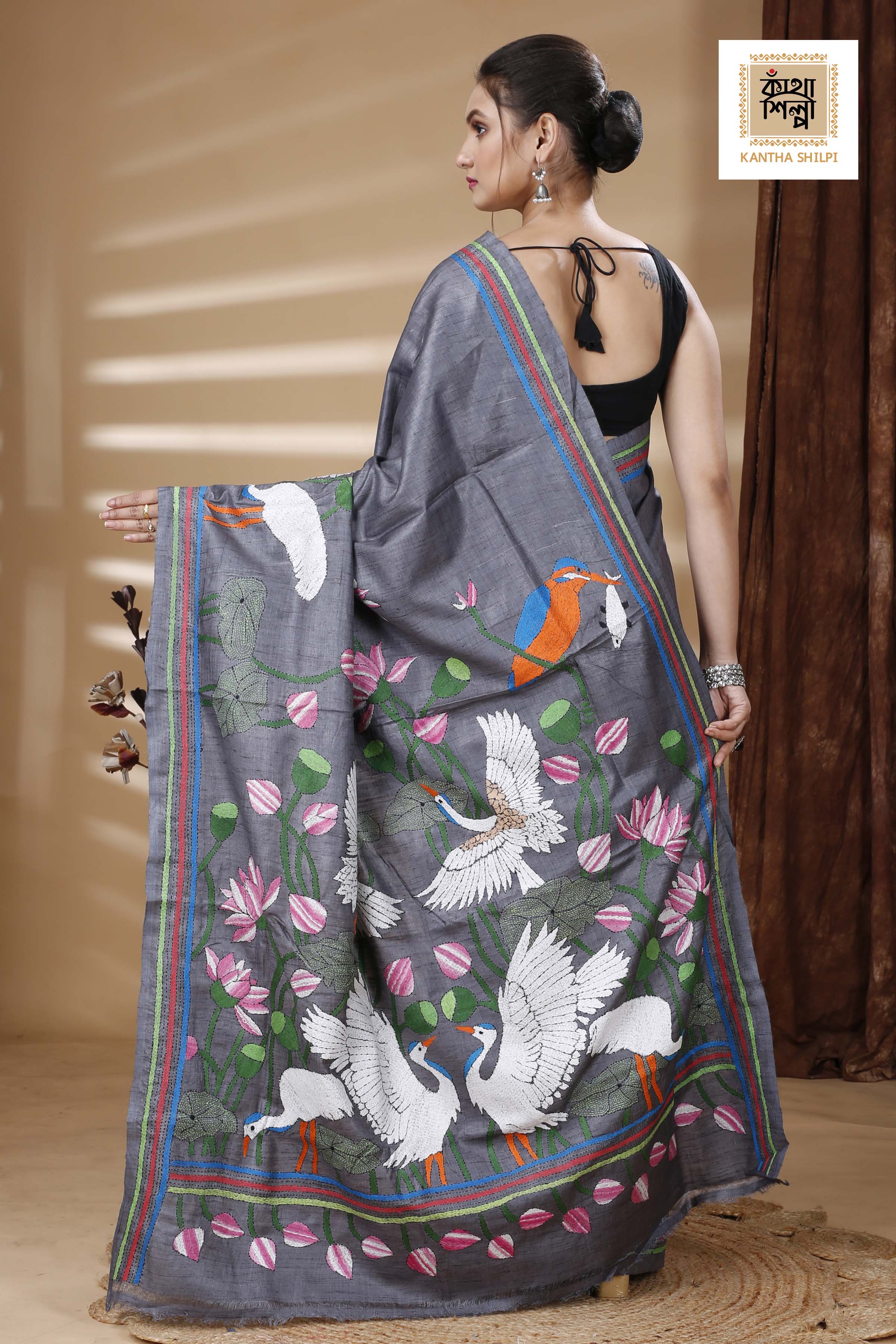 Dye Gachi Tussar Multicolor Thread Work Kantha Stitch Saree