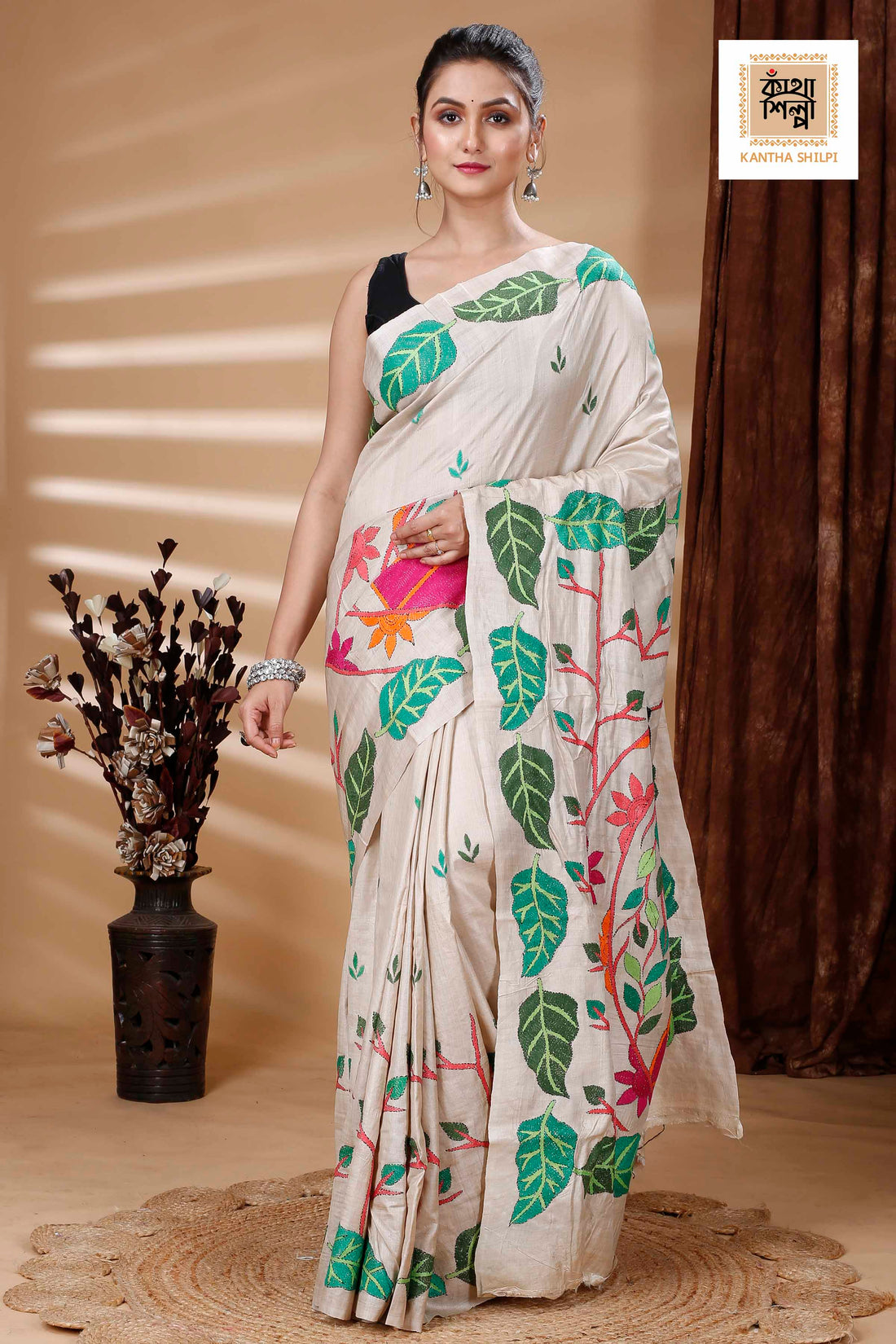 Pure Gachi Tussar Multicolor Thread Work Leaf and Lord Buddha Motif Kantha Stitch Saree
