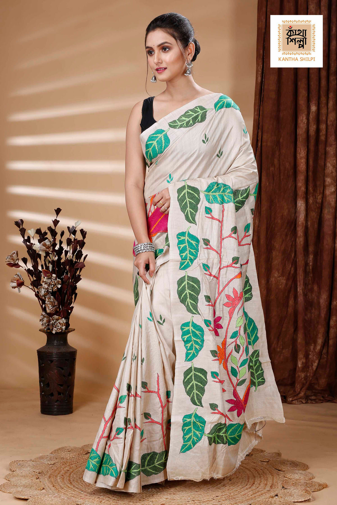 Pure Gachi Tussar Multicolor Thread Work Leaf and Lord Buddha Motif Kantha Stitch Saree