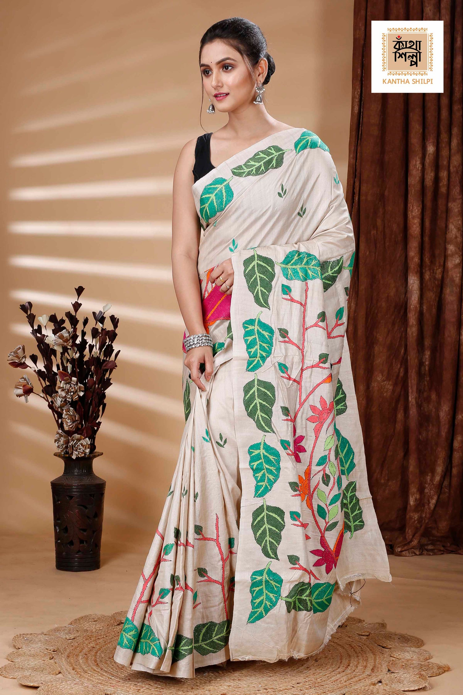 Pure Gachi Tussar Multicolor Thread Work Leaf and Lord Buddha Motif Kantha Stitch Saree
