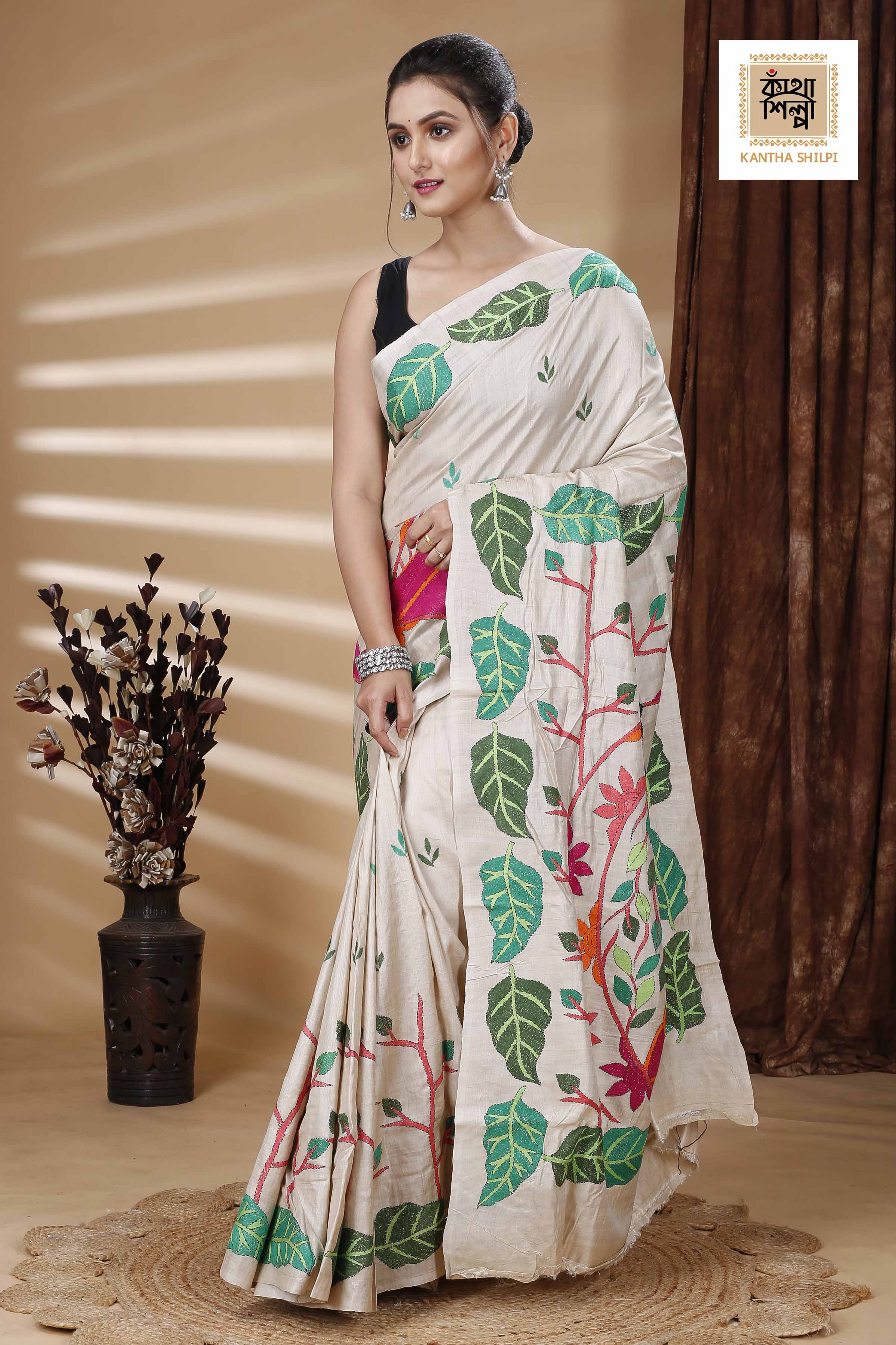 Pure Gachi Tussar Multicolor Thread Work Leaf and Lord Buddha Motif Kantha Stitch Saree