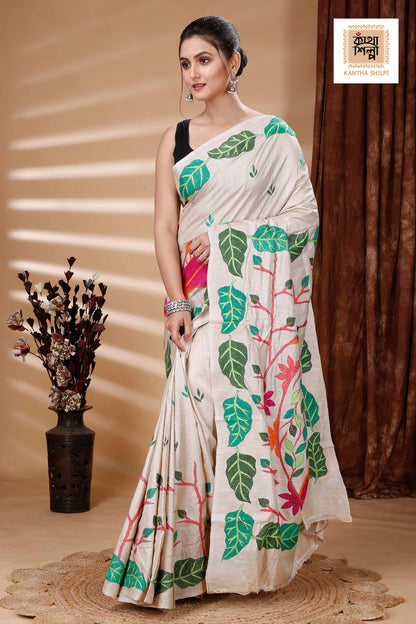 Pure Gachi Tussar Multicolor Thread Work Leaf and Lord Buddha Motif Kantha Stitch Saree
