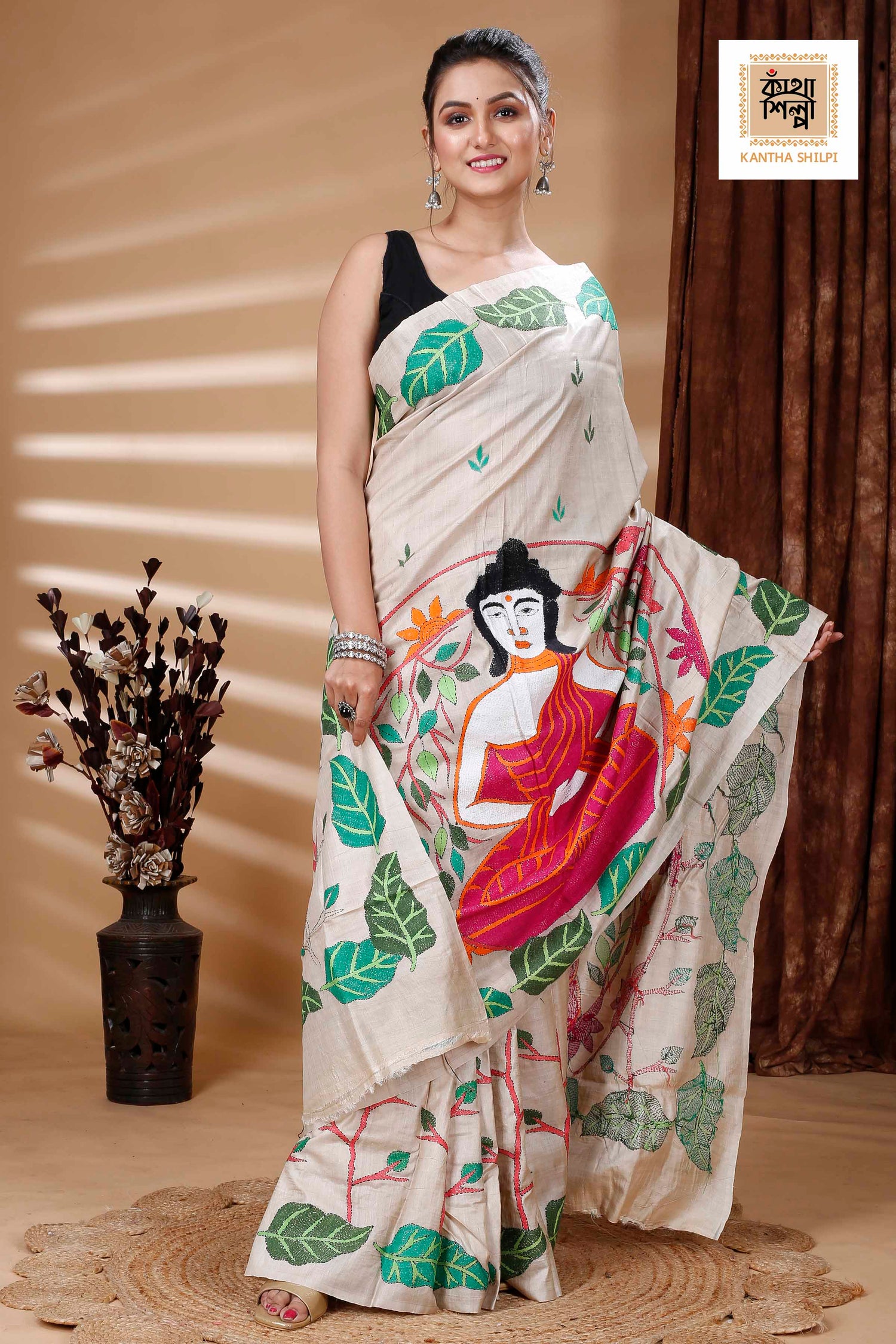 Pure Gachi Tussar Multicolor Thread Work Leaf and Lord Buddha Motif Kantha Stitch Saree